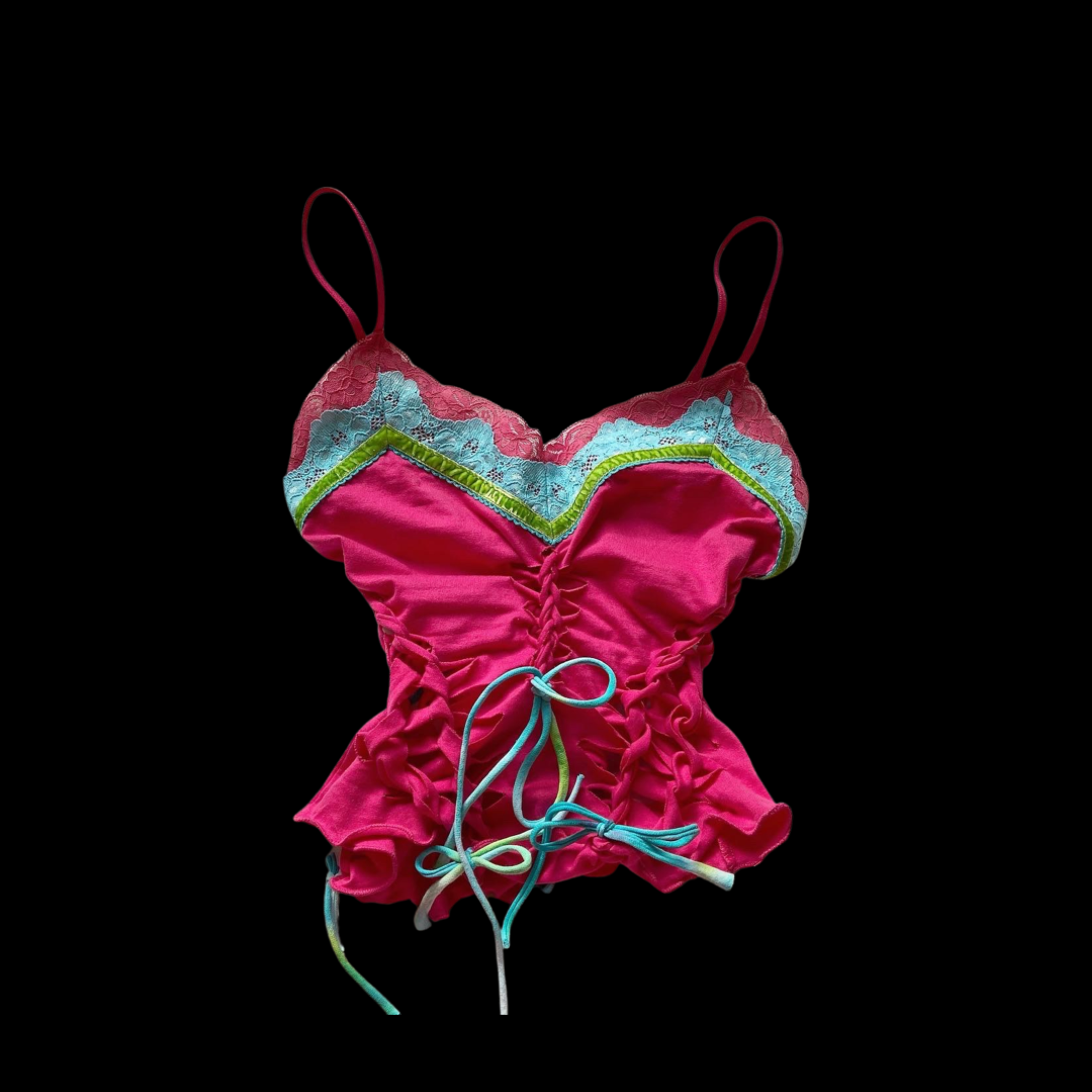 Pink satin camisole with lace and ribbon details, set against a black background.
