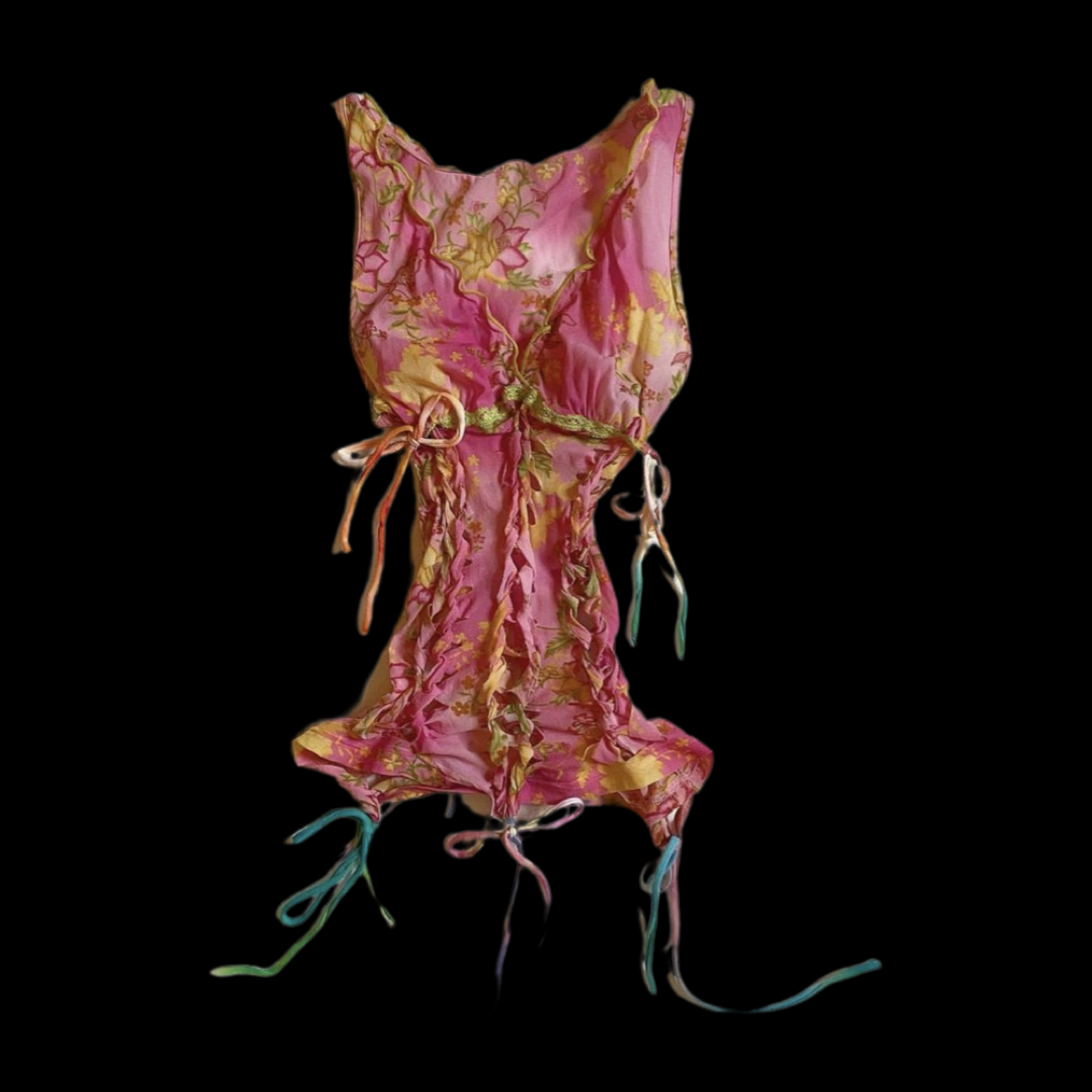 Doll dressed in pink floral fabric with multicolored strings hanging from various parts.