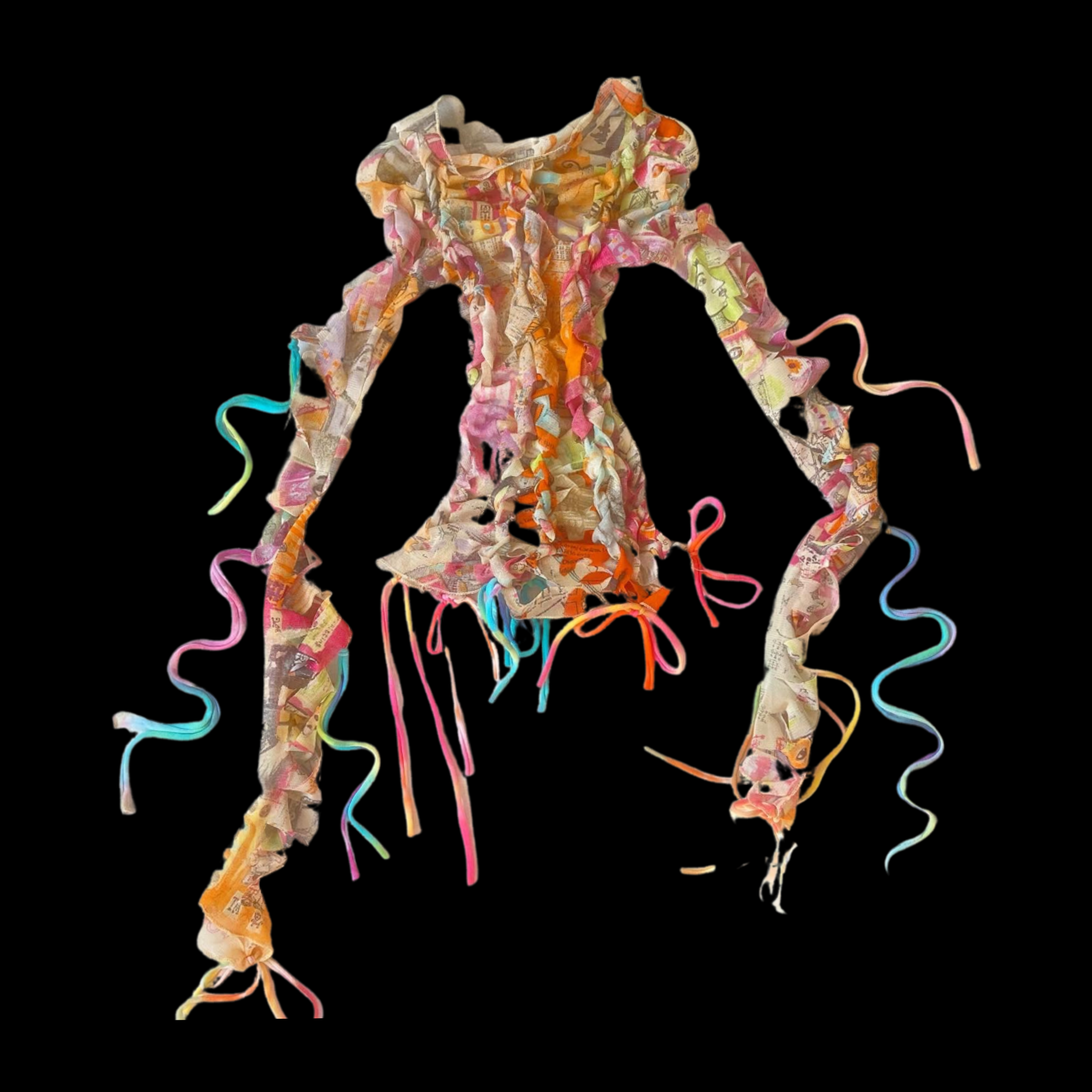 A dress-shaped sculpture made from crumpled newspaper and colorful ribbons against a black background.