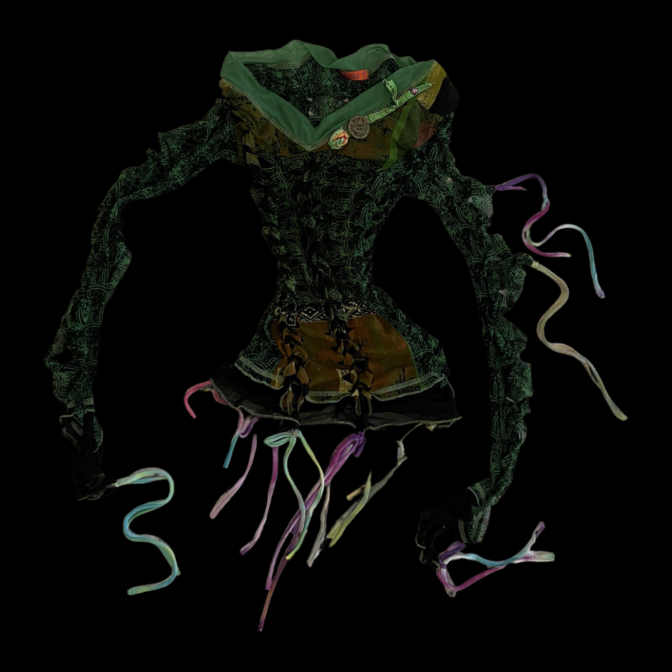 Colorful jacket with black and green patterns, multicolored strings, and patches, isolated on black background.