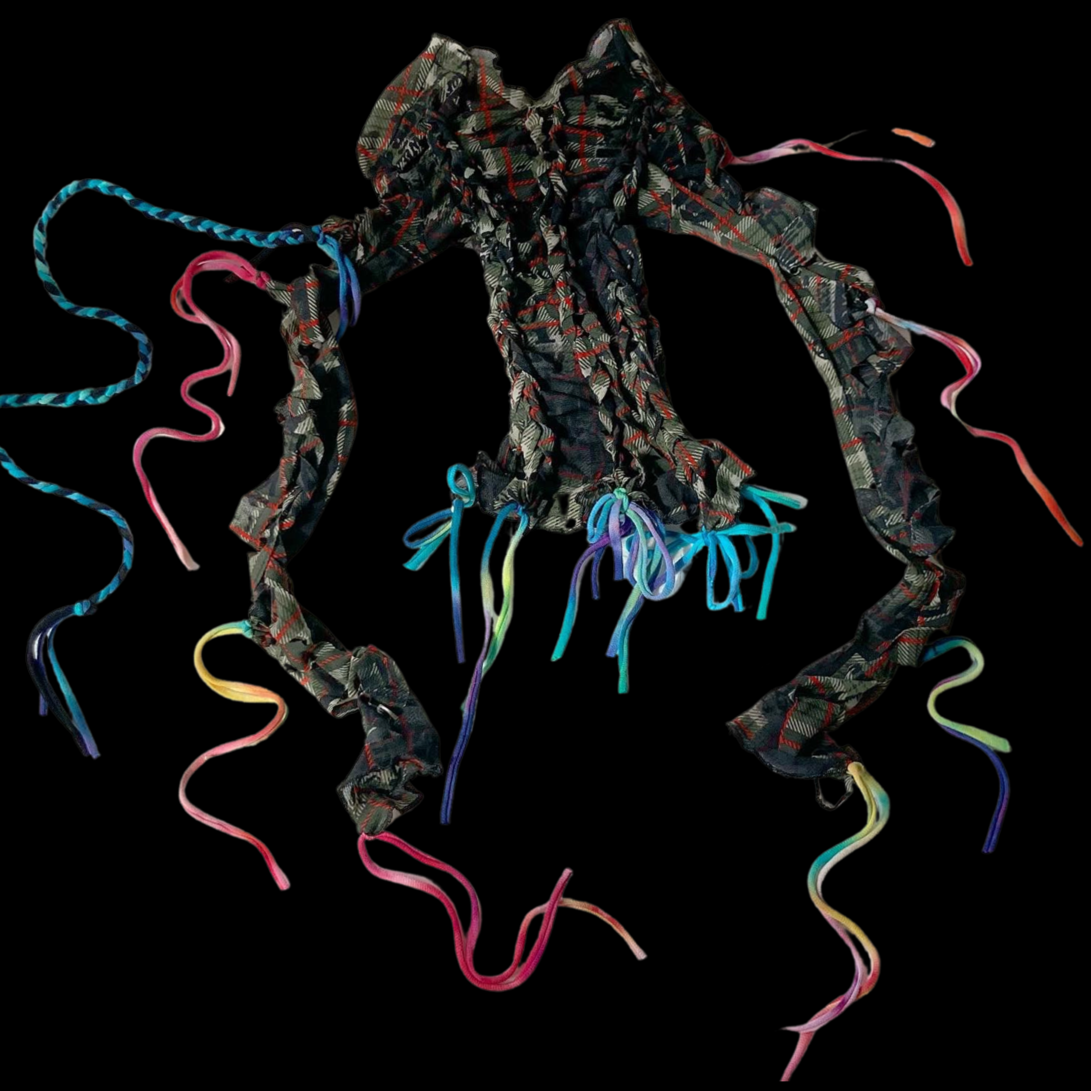 A pair of black plaid patterned ribbons decorated with multicolored curly ribbons against a black background.