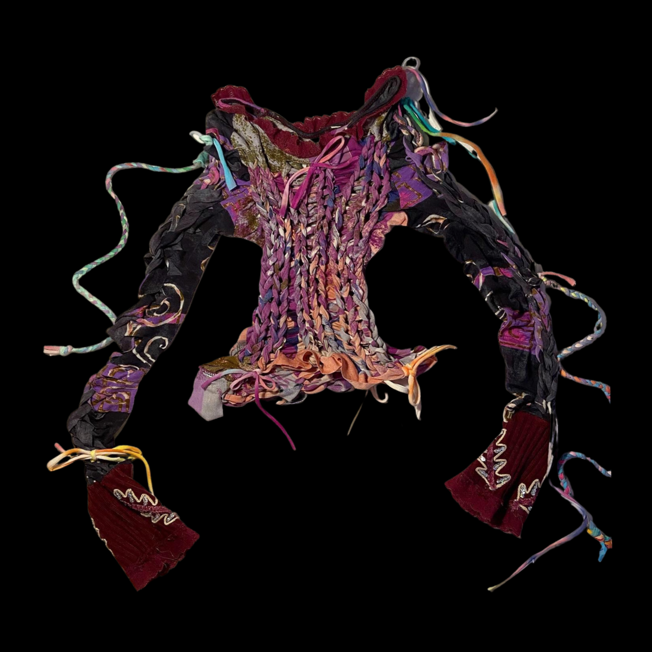 A colorful, handcrafted textile collar made of braided, woven, and ribbon materials with decorative fabric accents and trailing ribbons.