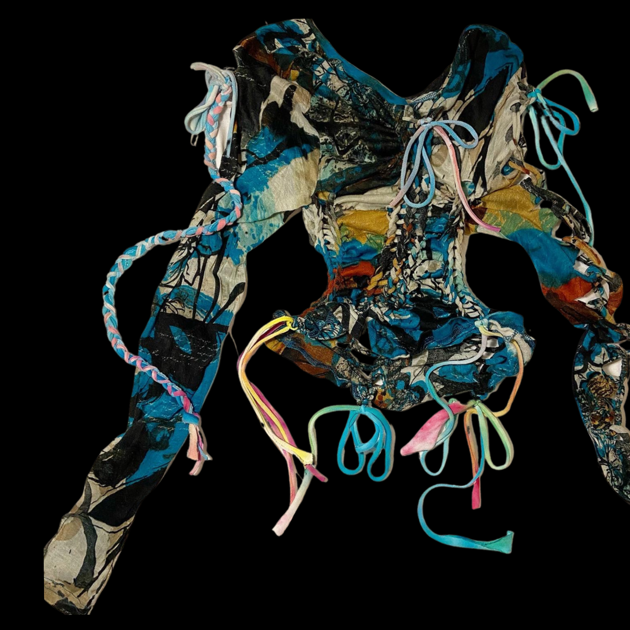 A colorful, abstract fabric sculpture made from various strips of fabric tied together, with different patterns and colors, on a black background.