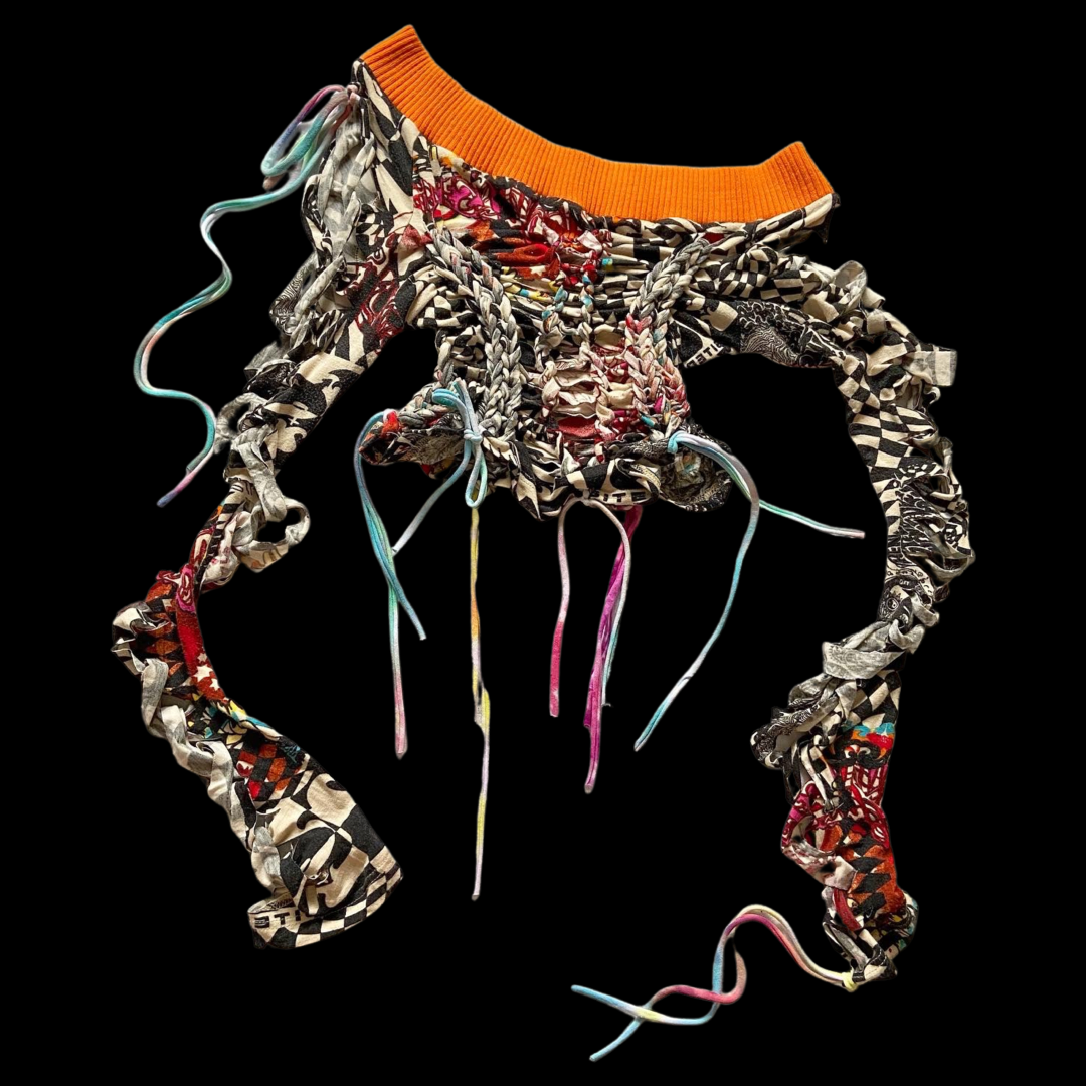 A pair of multicolored tattooed underwear with laces and an orange waistband on a black background.