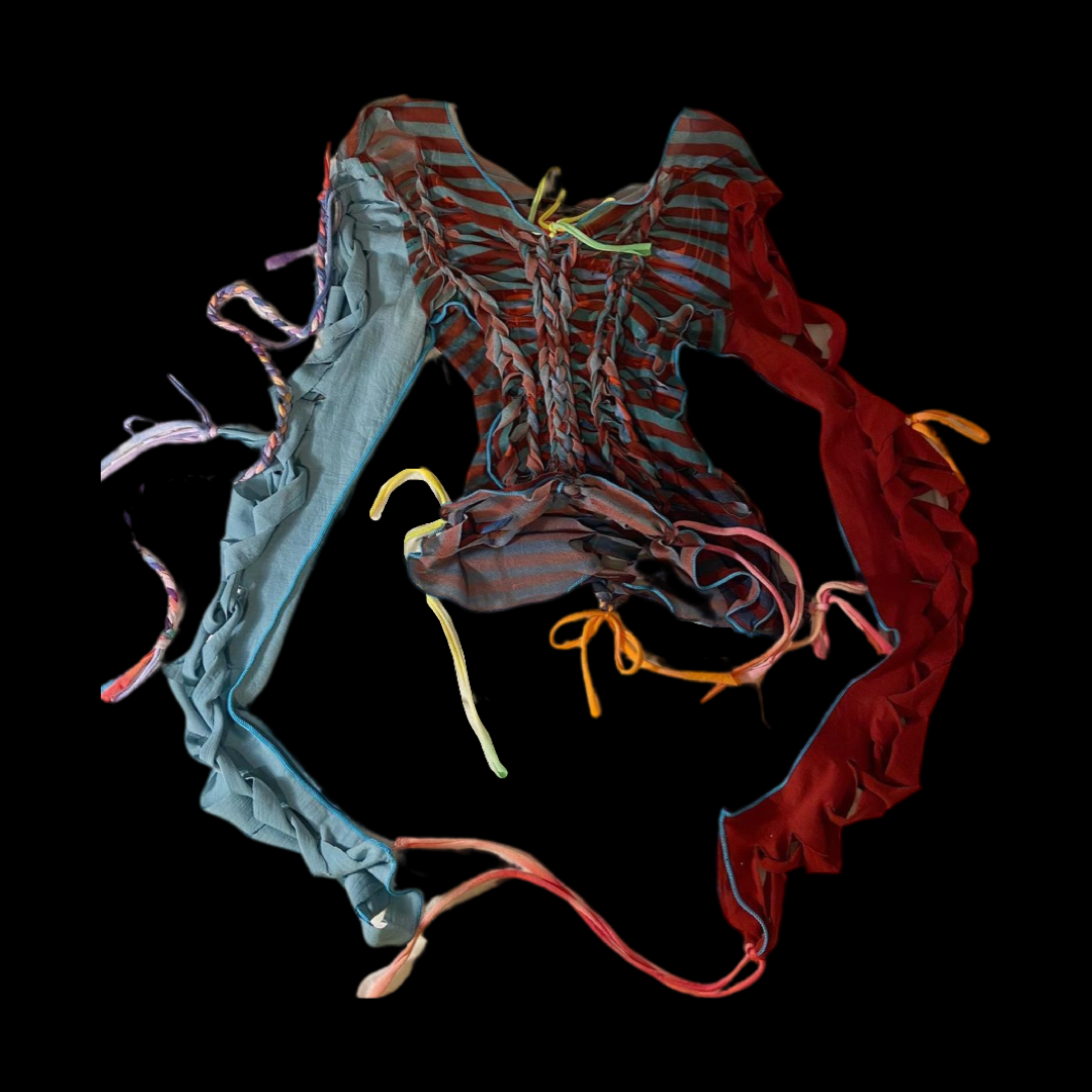 Colorful, twisted fabric strips arranged in a circular pattern on a black background.