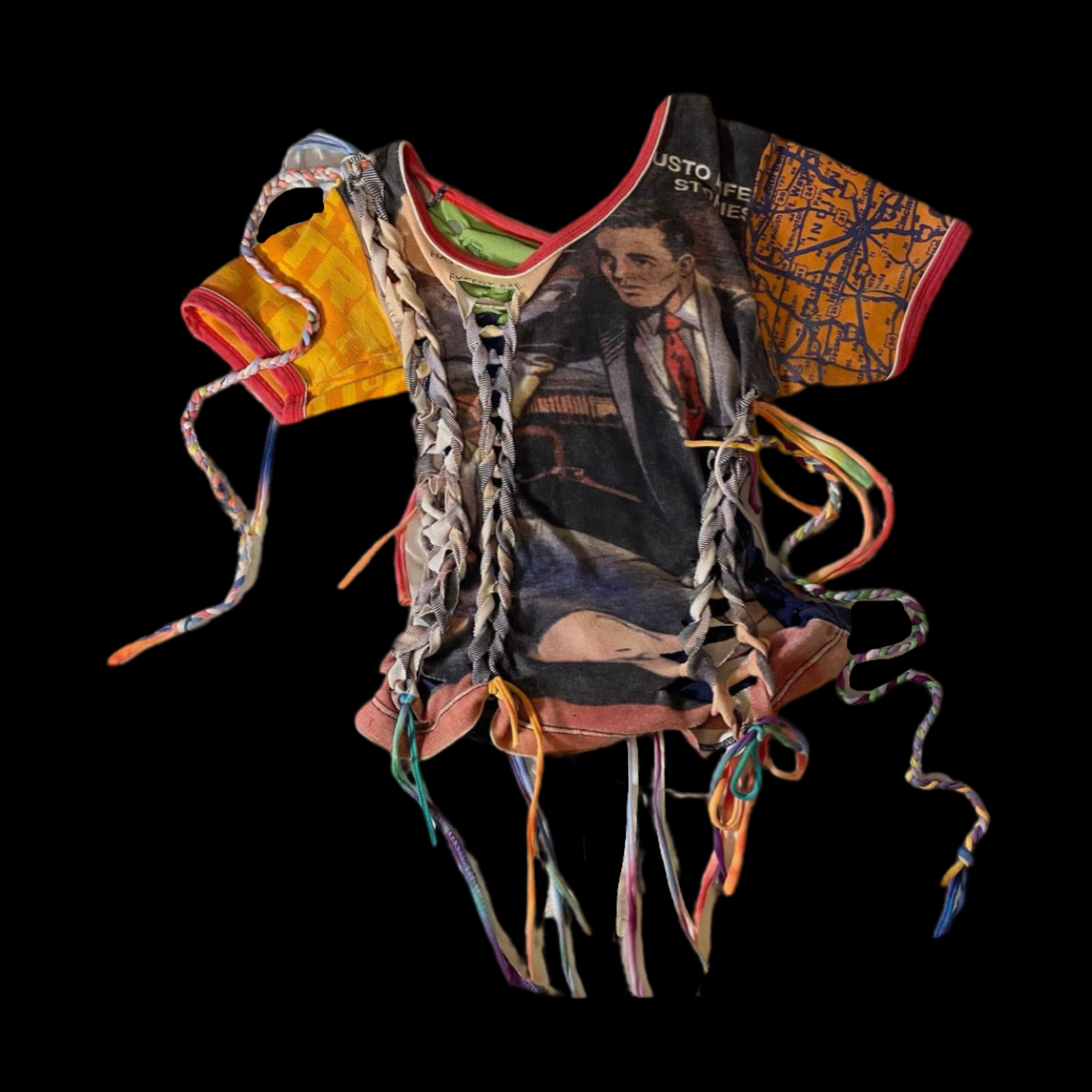 An art piece resembling a dress made from colorful, printed fabric with a vintage magazine image of a man in a suit on the front and decorative lace-up details with multicolored strings.