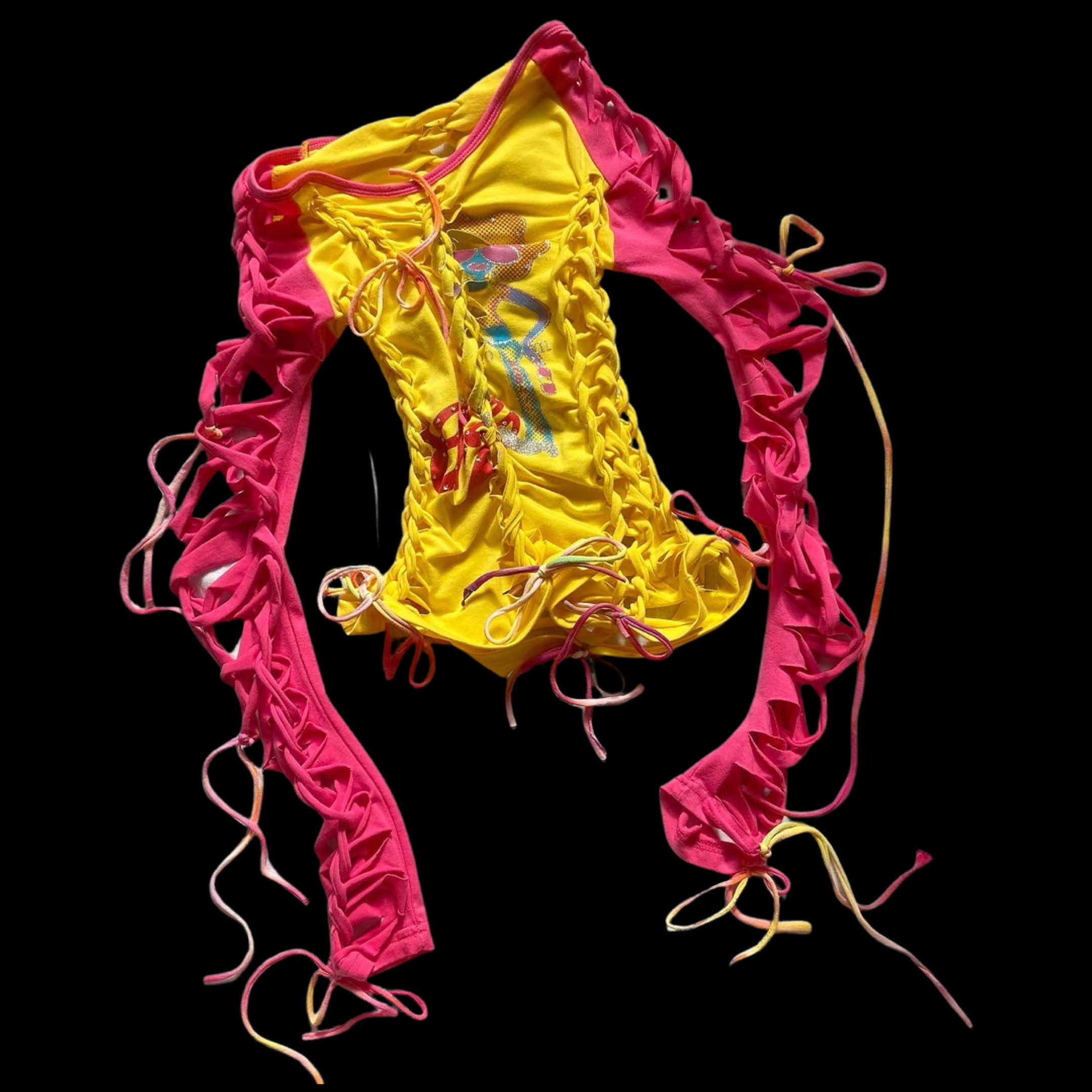 Colorful yellow and pink tie-dye crop top with adjustable lace-up details on the sides and front