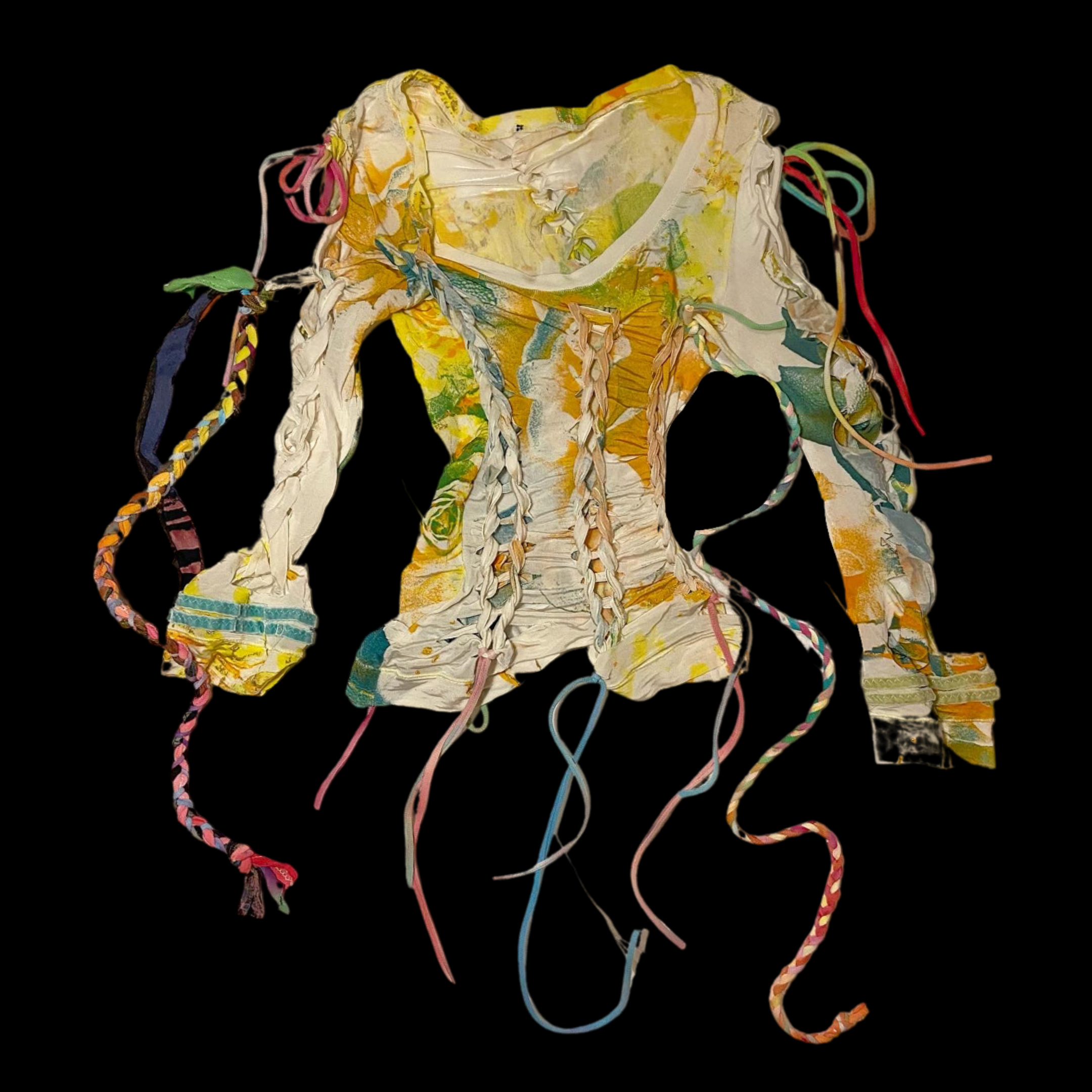 Colorful, crumpled fabric with twisted ribbons and strings, laid on a black background.