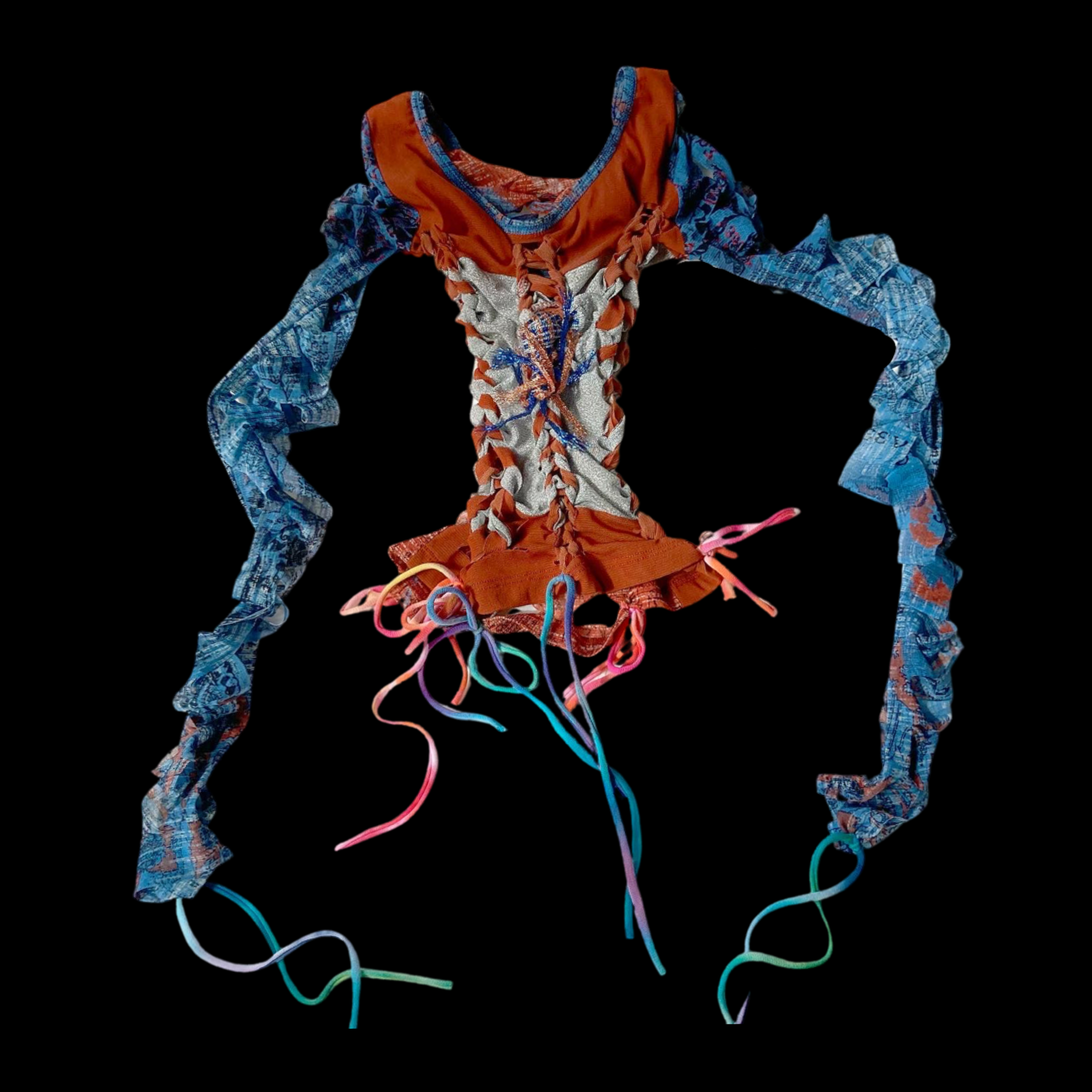 Colorful, artistically arranged fabric sculpture resembling a human torso with extended, wavy arms, set against a black background.