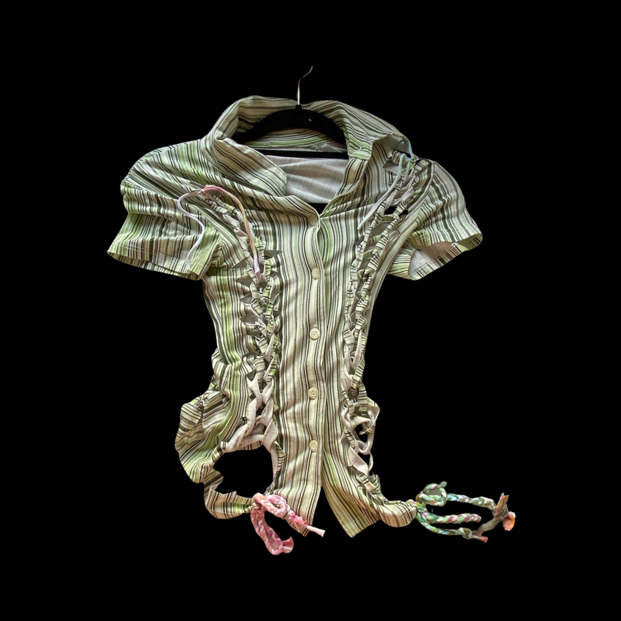 Striped short-sleeve button-up shirt on a hanger with frayed edges, ribbons, and ties.