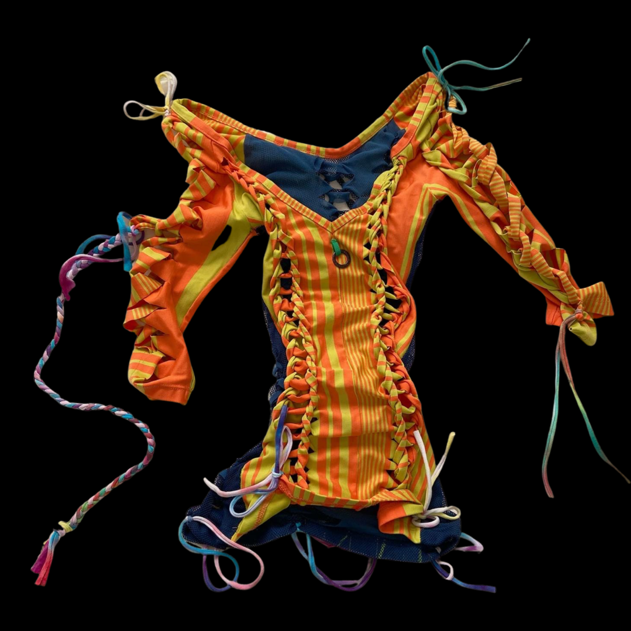 Brightly colored, striped swimsuit with ruffles, ties, and a zipper, laid flat against a black background.