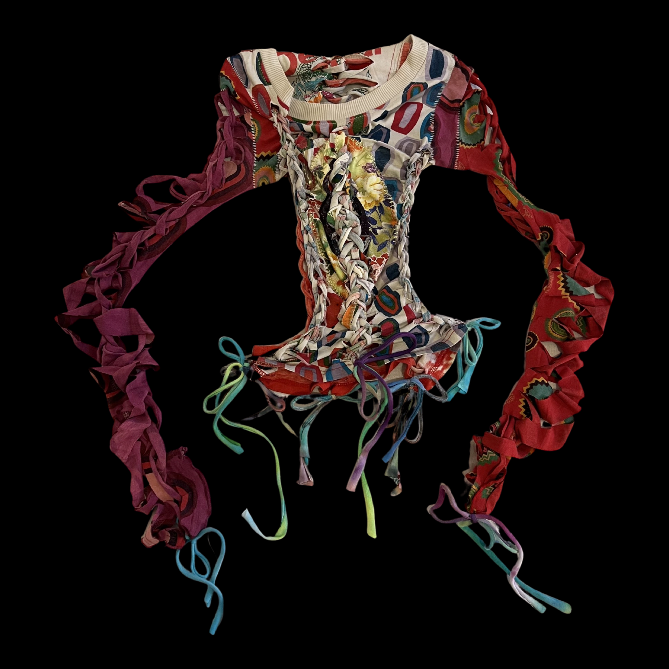 Colorful patchwork fabric dress with long, ruffled sleeves and decorative ties on a black background.