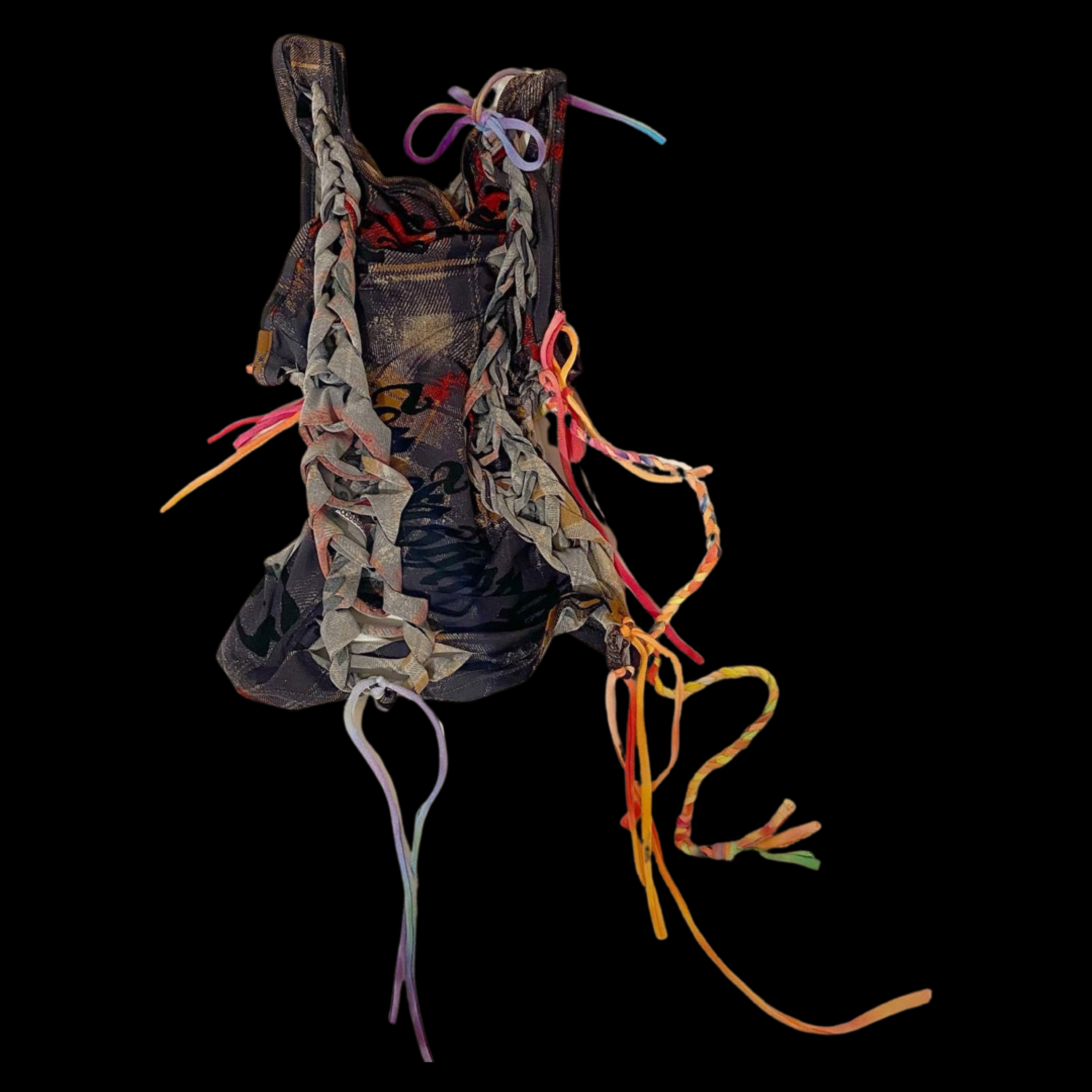 A camouflage-patterned hiking boot with colorful, multicolored shoelaces against a black background.