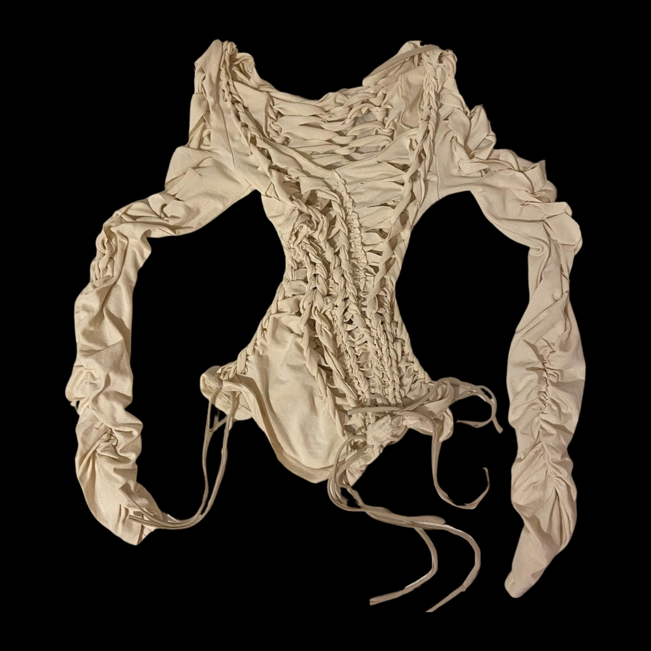 Beige corset with ruched detailing and lace-up front, against a black background.