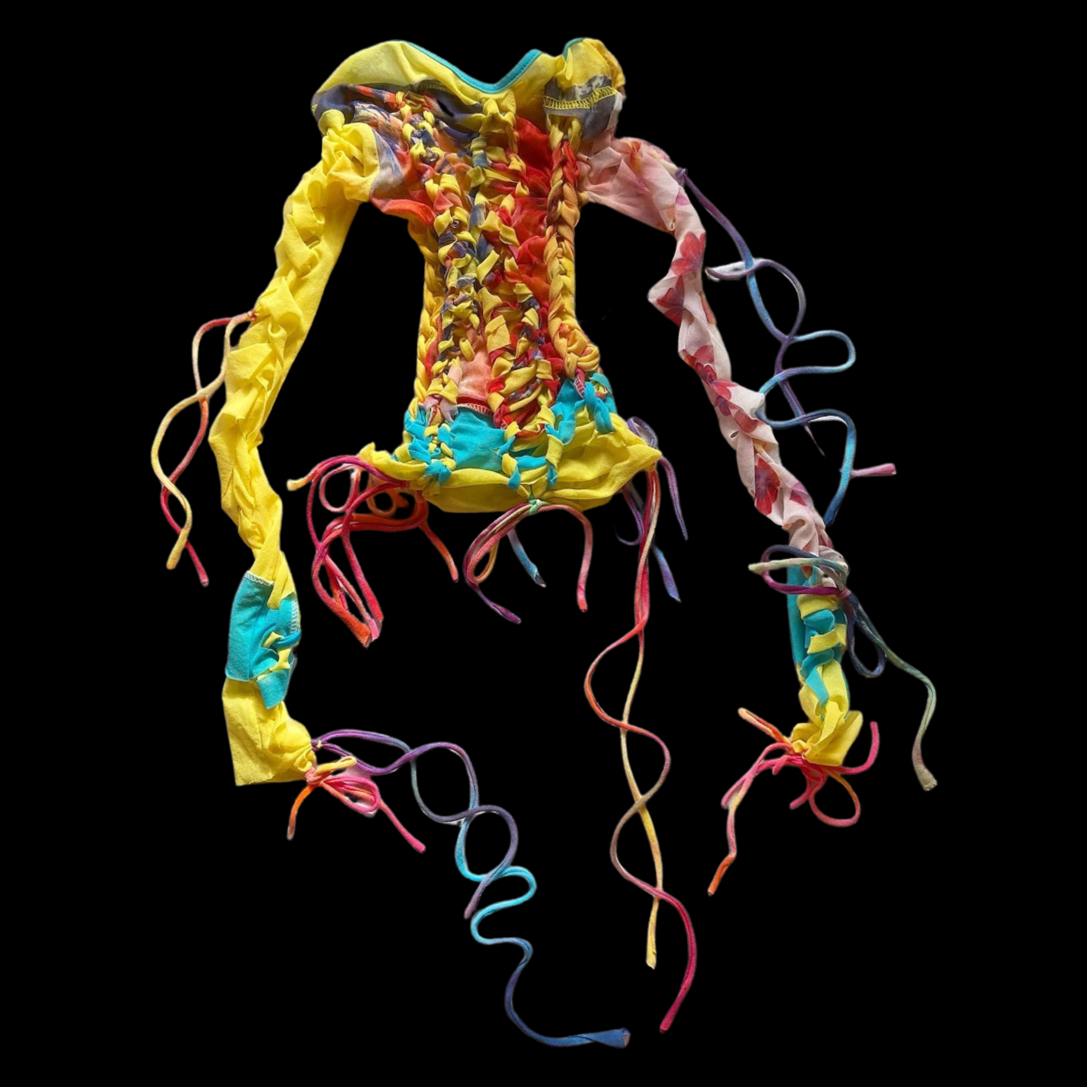 Colorful, handmade fabric accessory with ribbons and ties on a black background.