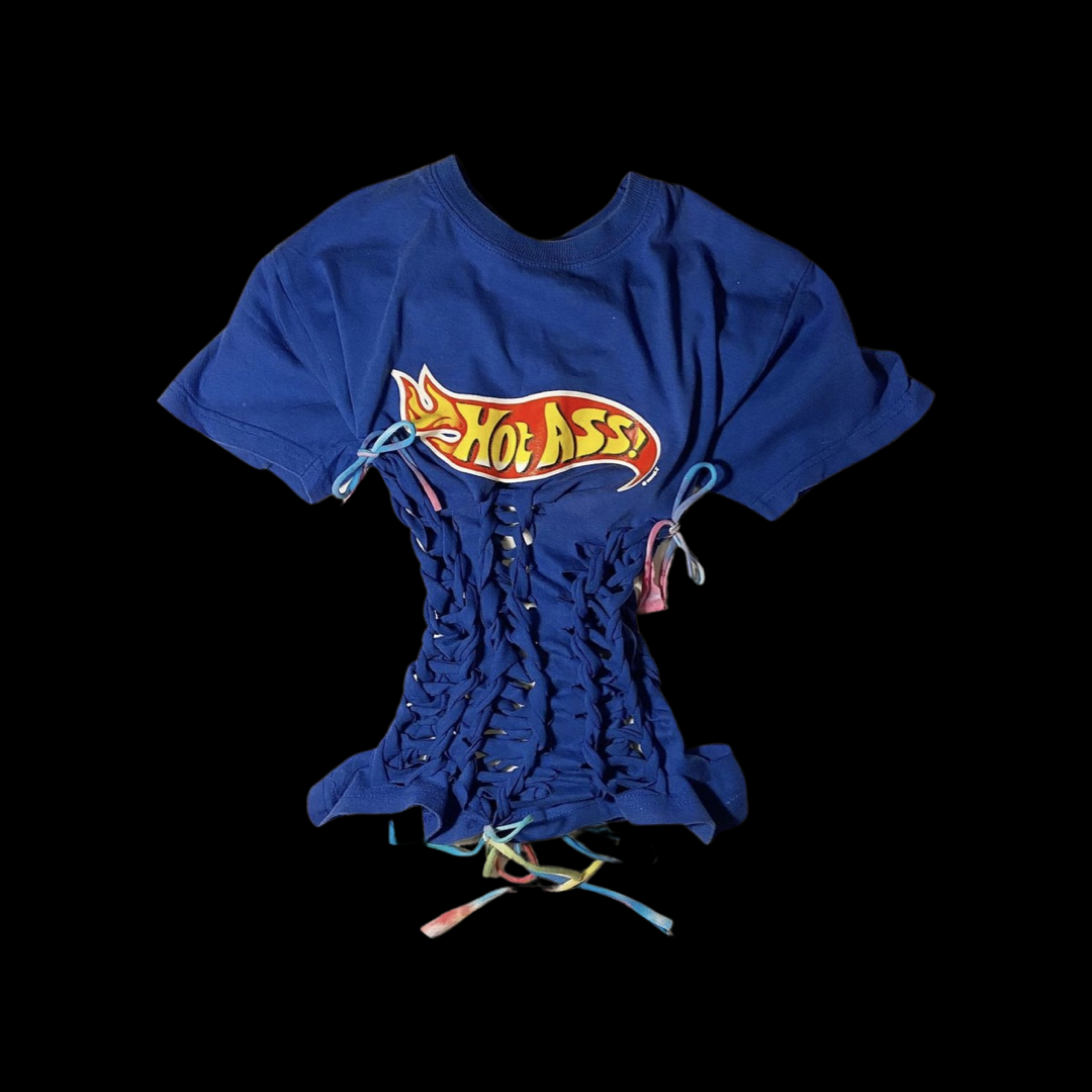 Blue T-shirt with 'Hot Ass!' logo and multicolored ribbons intertwined and hanging from it.