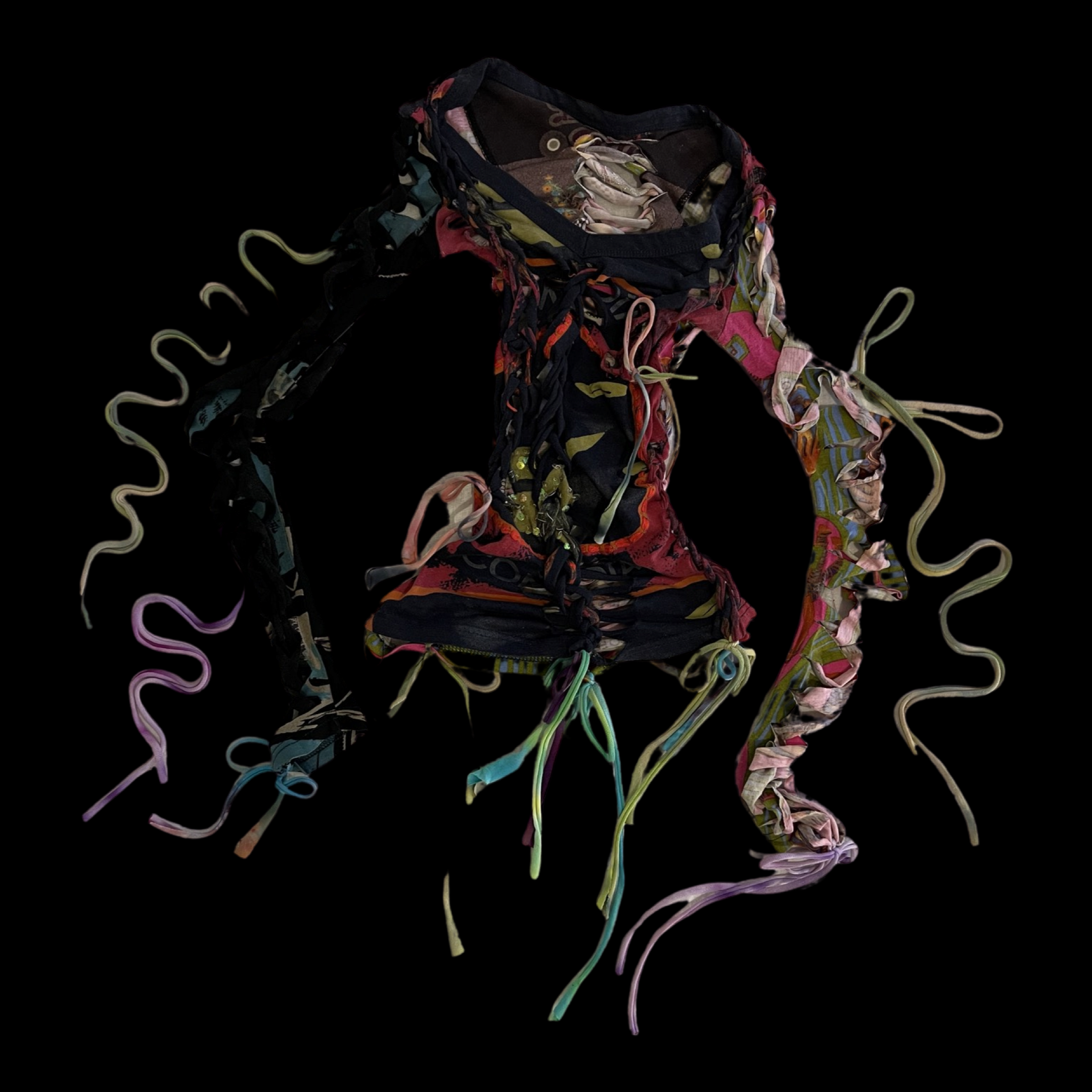 A colorful, abstract sculpture resembling a torso with long, curly ribbons extending outward on a black background.