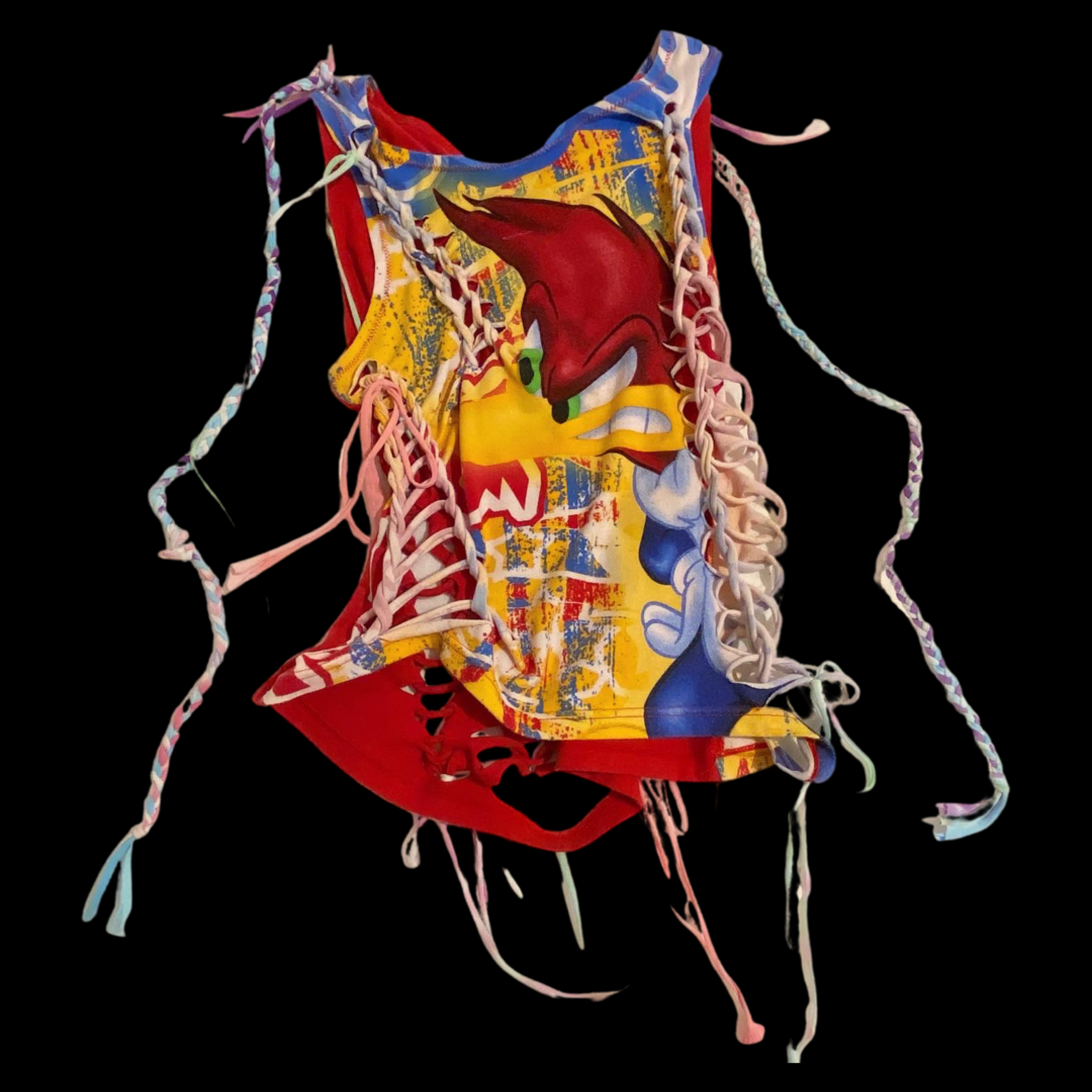 Colorful fabric mask featuring Sonic the Hedgehog character, with laces and ruffled edges, set against a black background.