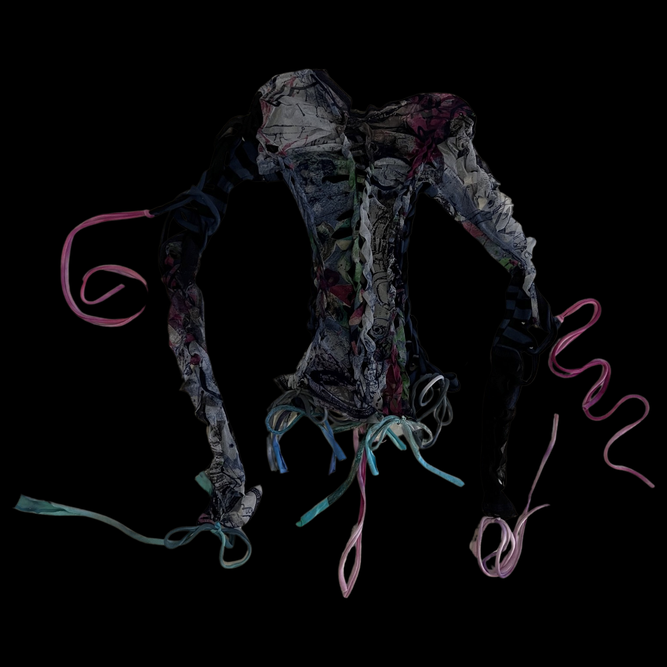 A colorful, abstract sculpture made of fabric and ribbons, resembling a human torso with outstretched arms, set against a black background.