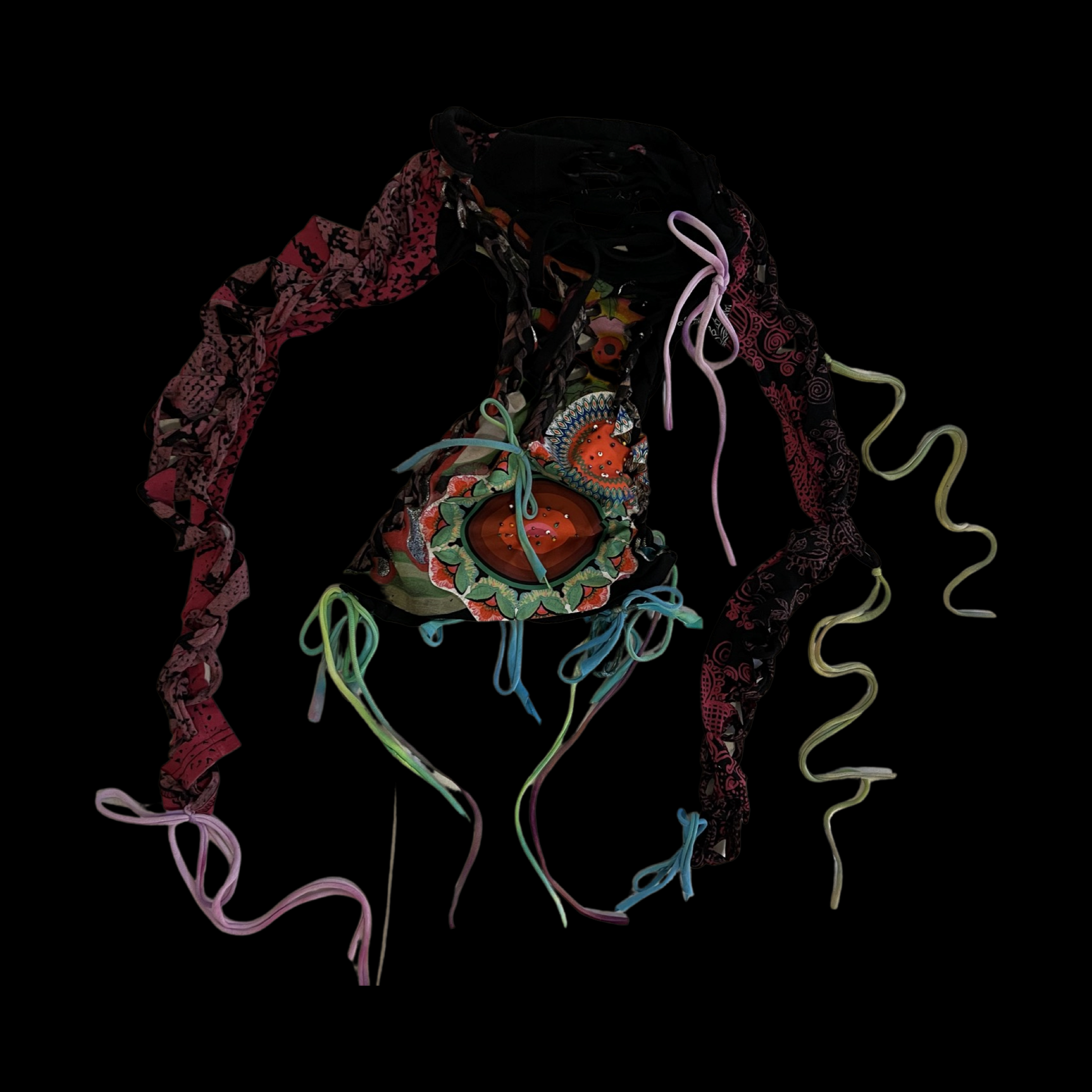 Colorful fabric headpiece with various patterns and ribbons, featuring a prominent embroidered heart design on the front, set against a black background.