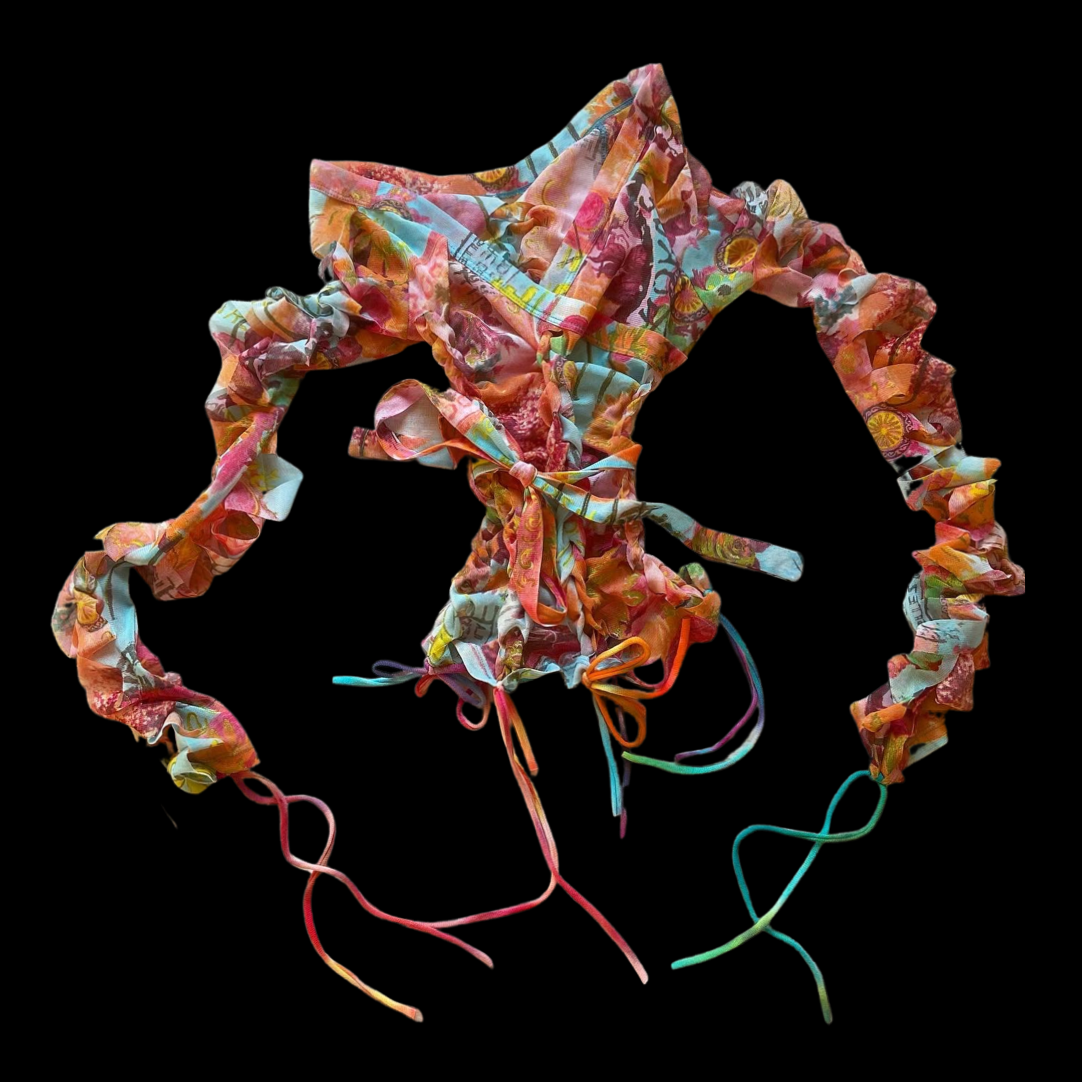 Colorful fabric scrunchies and a tied fabric sash laid out against a black background.