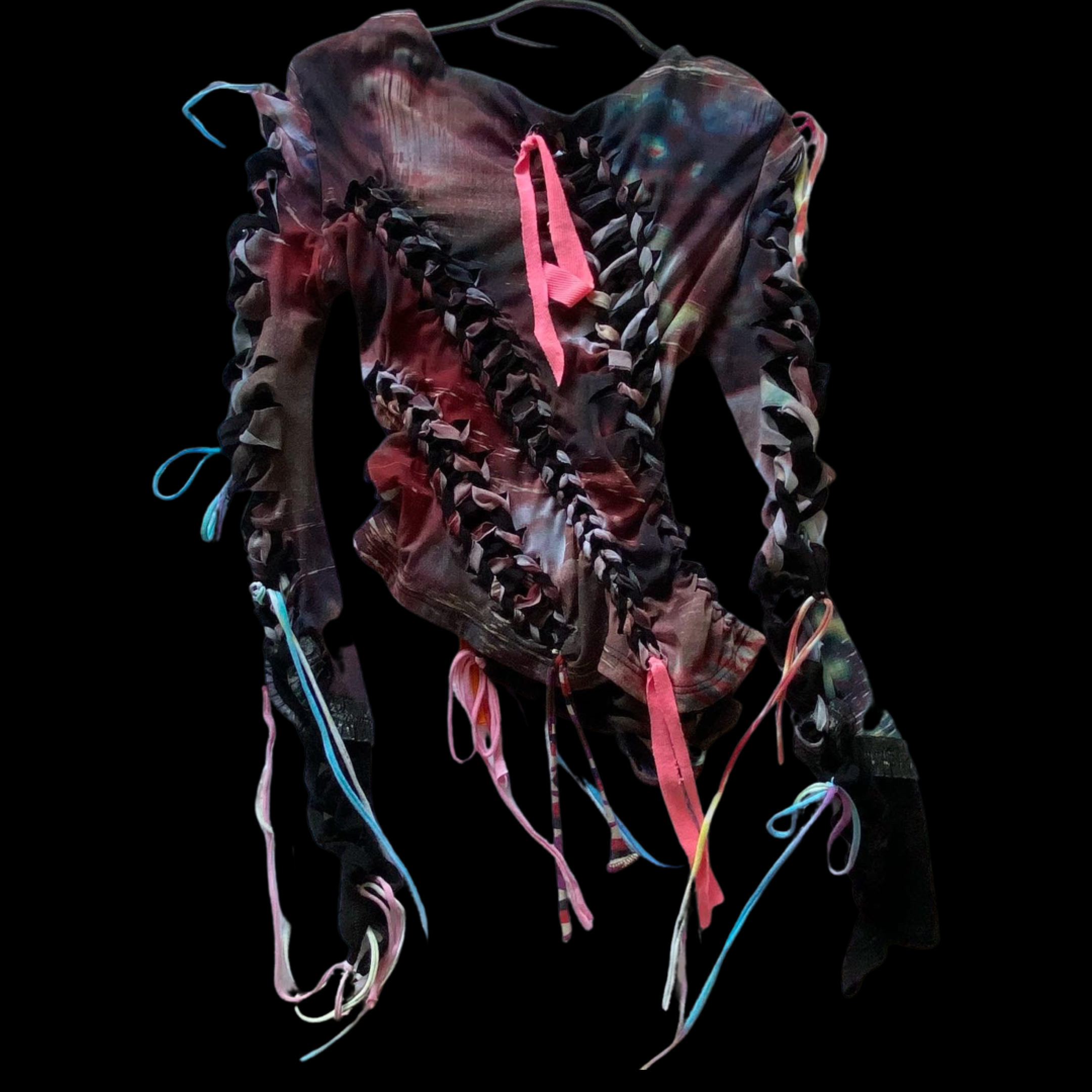 A colorful, tiralike dress with lace-up details and multi-colored ribbons against a black background.