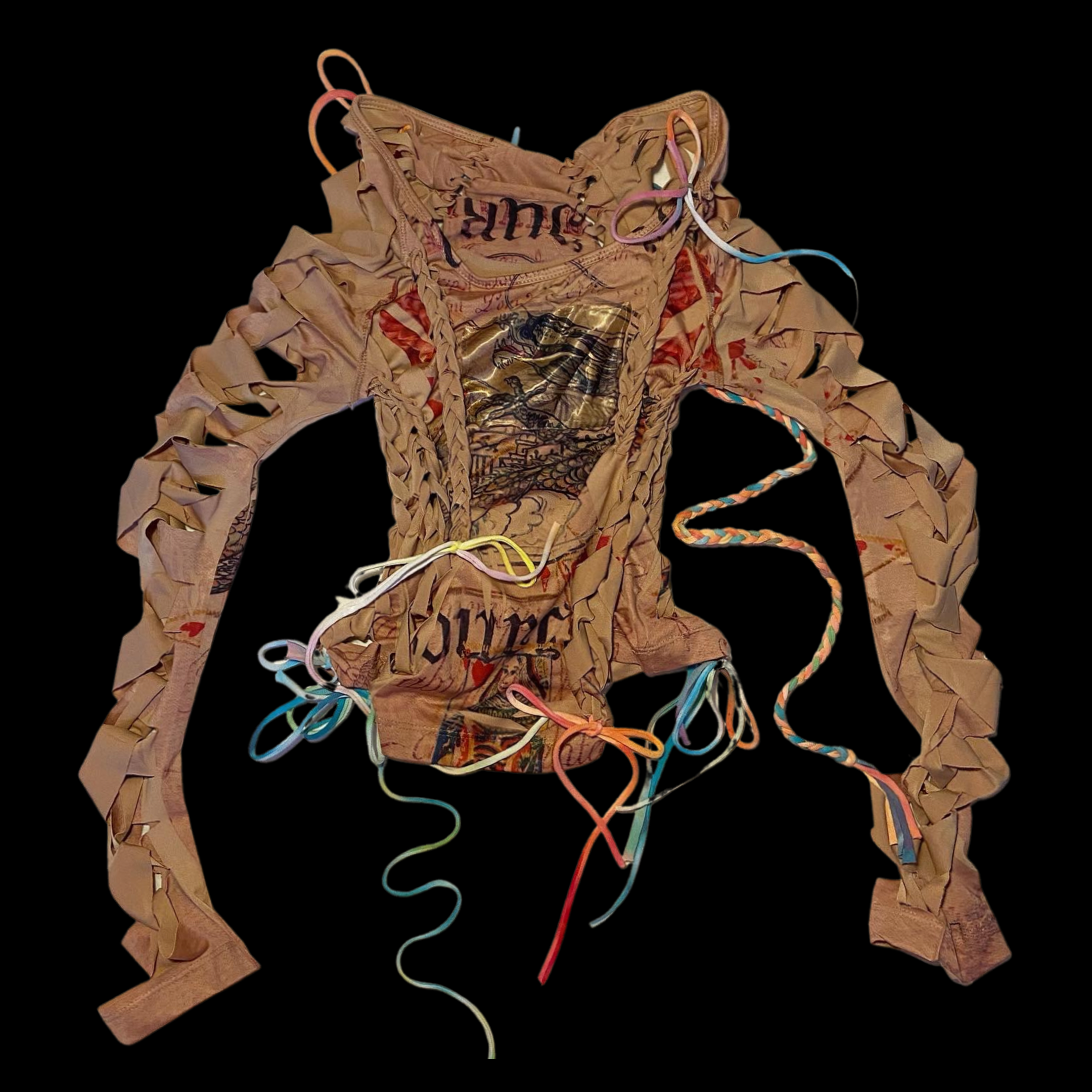 A dress made of printed fabric with colorful strings attached, displayed on a black background.