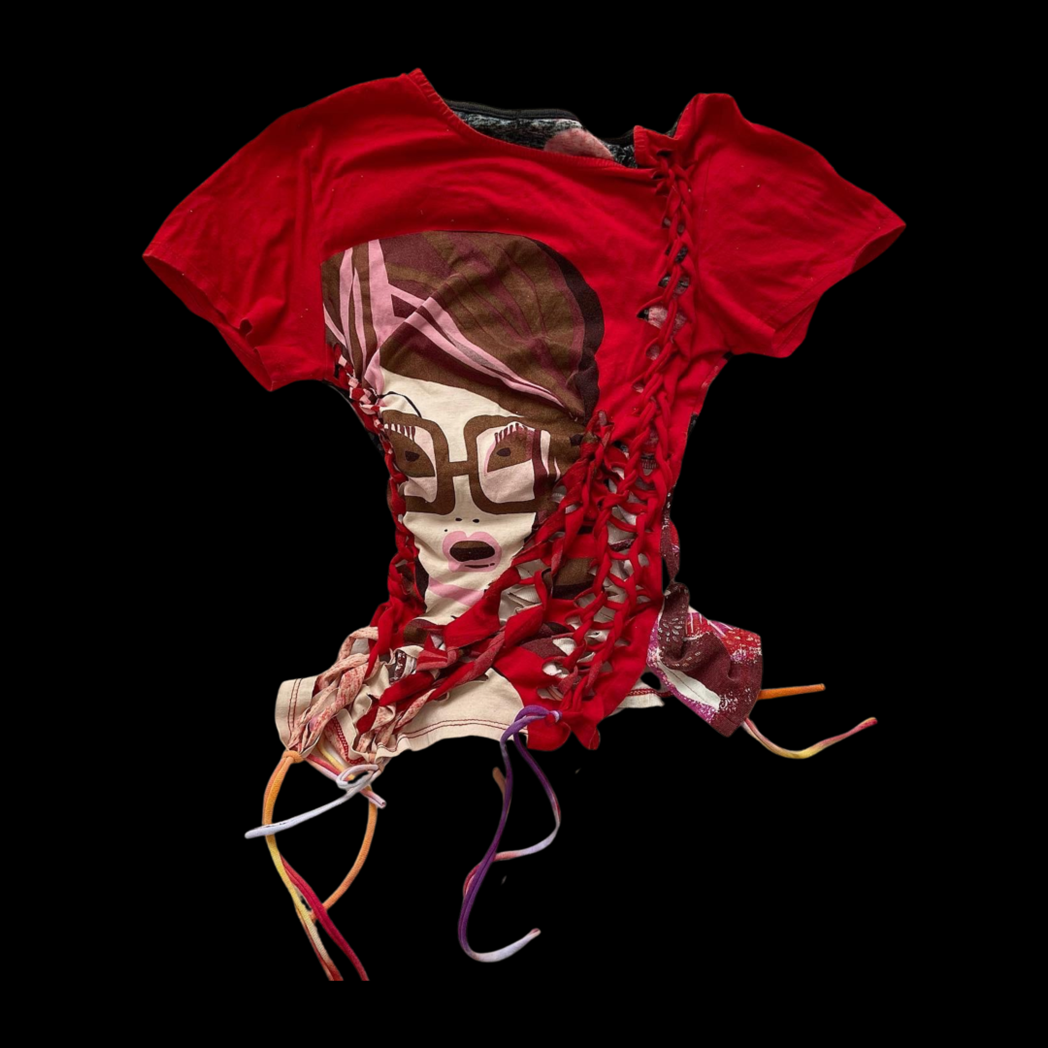 Colorful reconstructed fashion piece with a prominently featured face graphic, including glasses and lips, on a red fabric background with lace-up details.