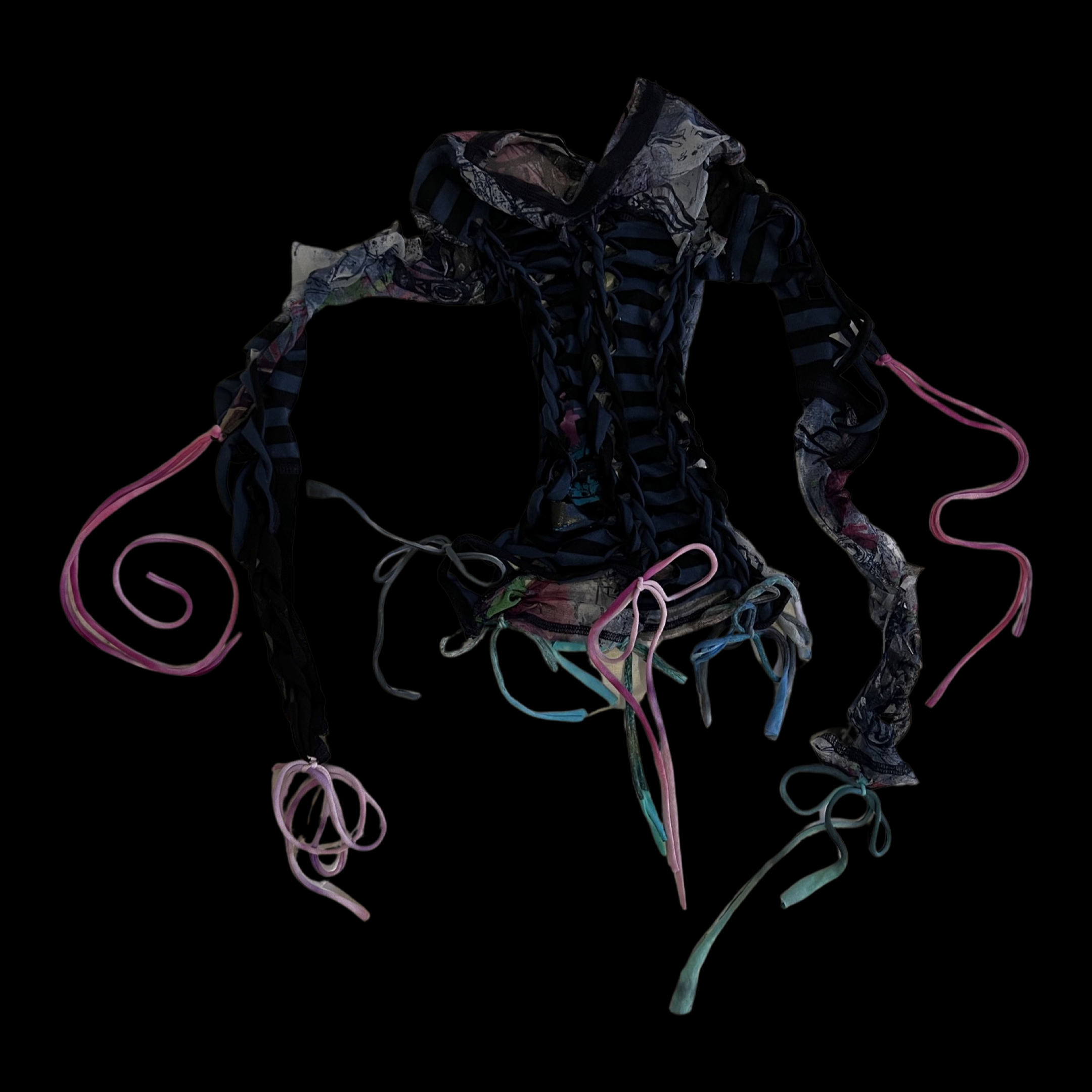 A black, distressed hoodie with ribbon laces and multicolored string accents on a black background.