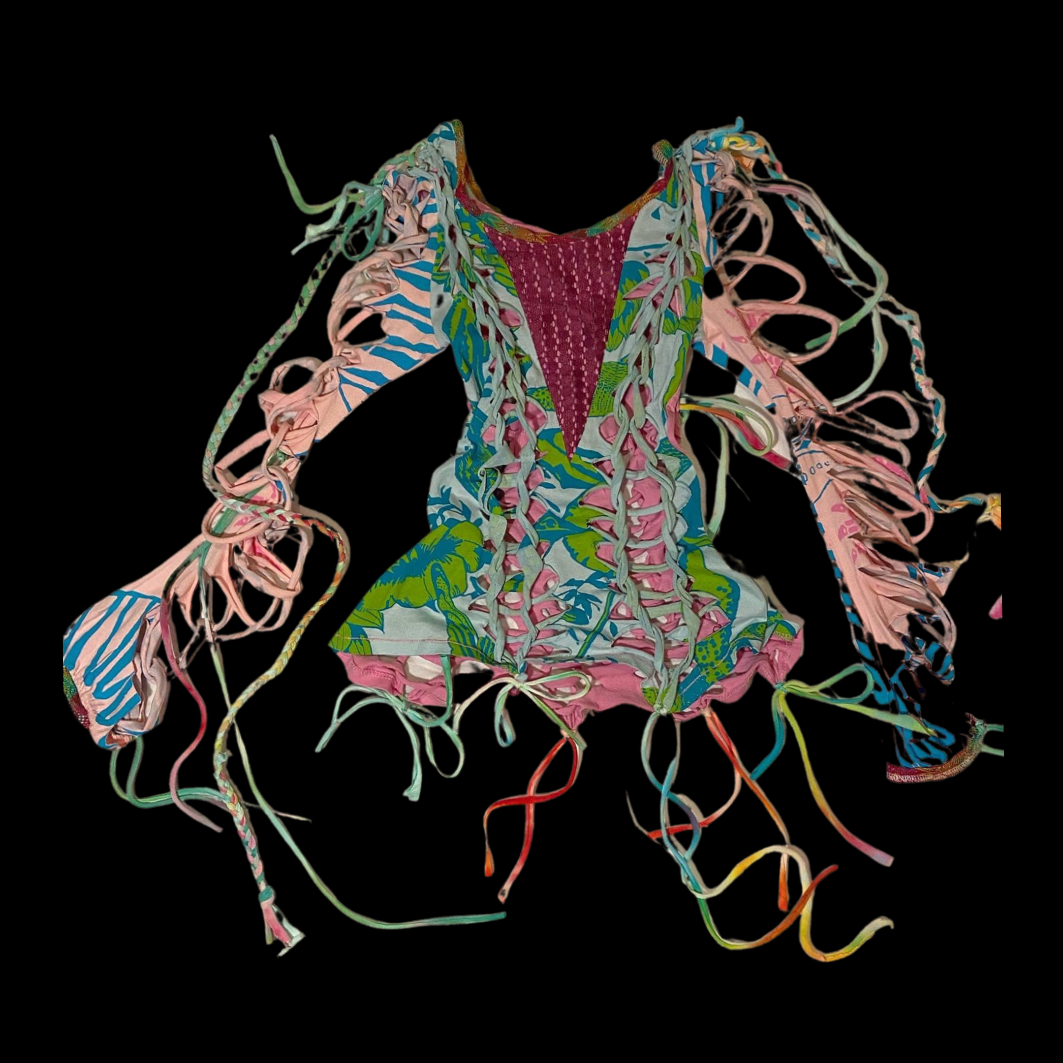 Colorful, patterned fabric dress with lace-up sides and sleeves on a black background.