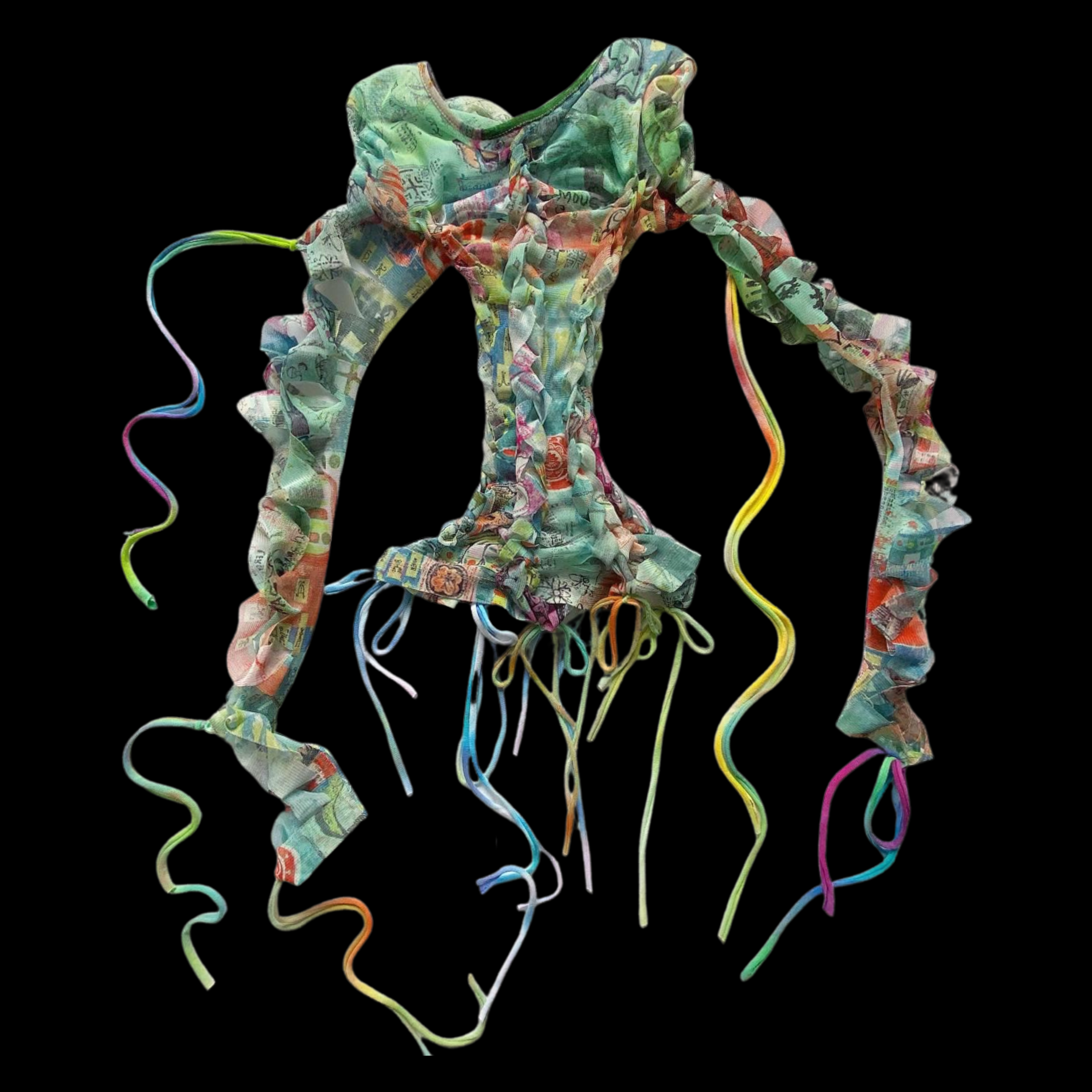 A colorful, ruffled fabric dress with multiple multicolored ribbons and strings hanging from it, isolated on a black background.