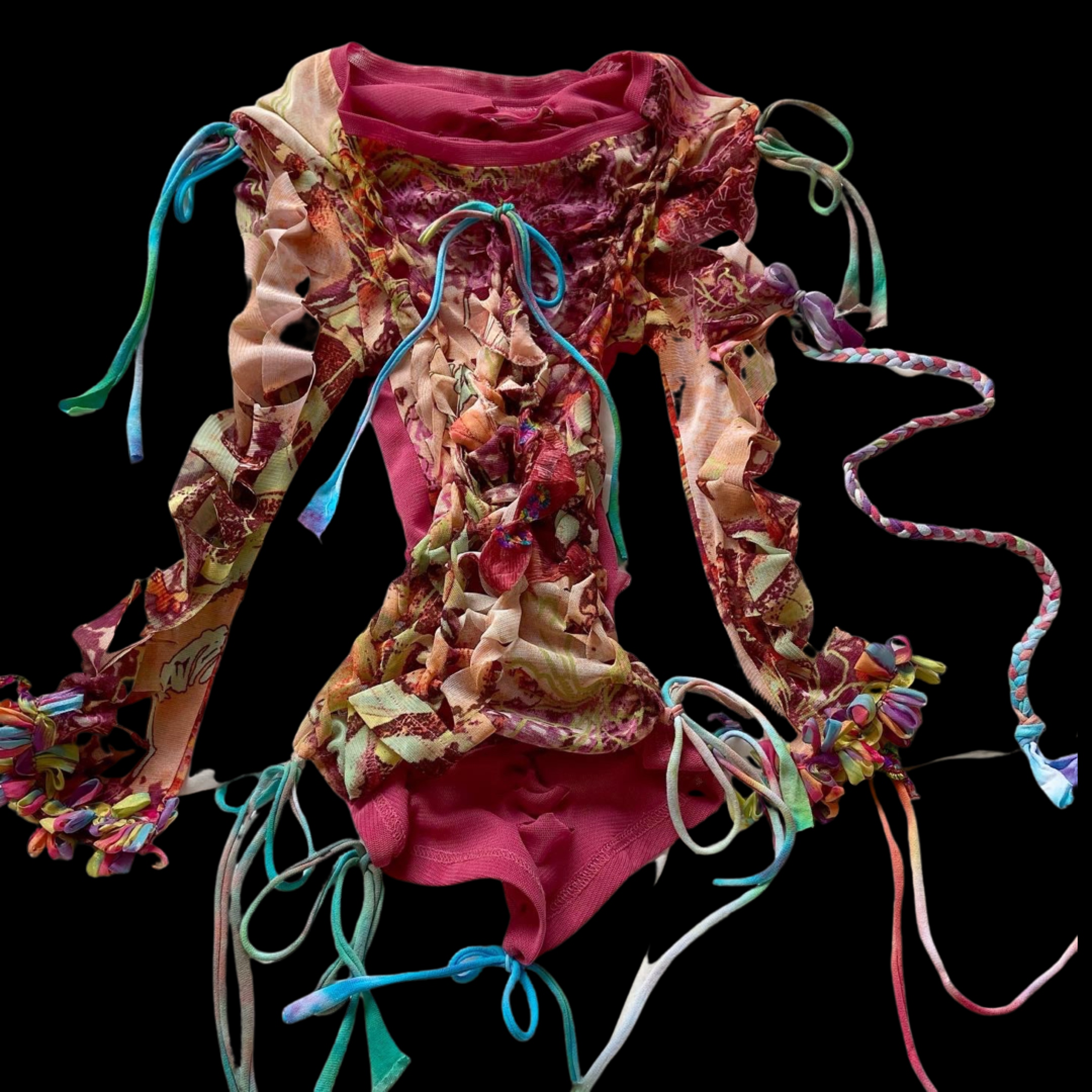 Colorful, frayed, and twisted fabric pieces with drawstrings and ribbons, arranged against a black background.