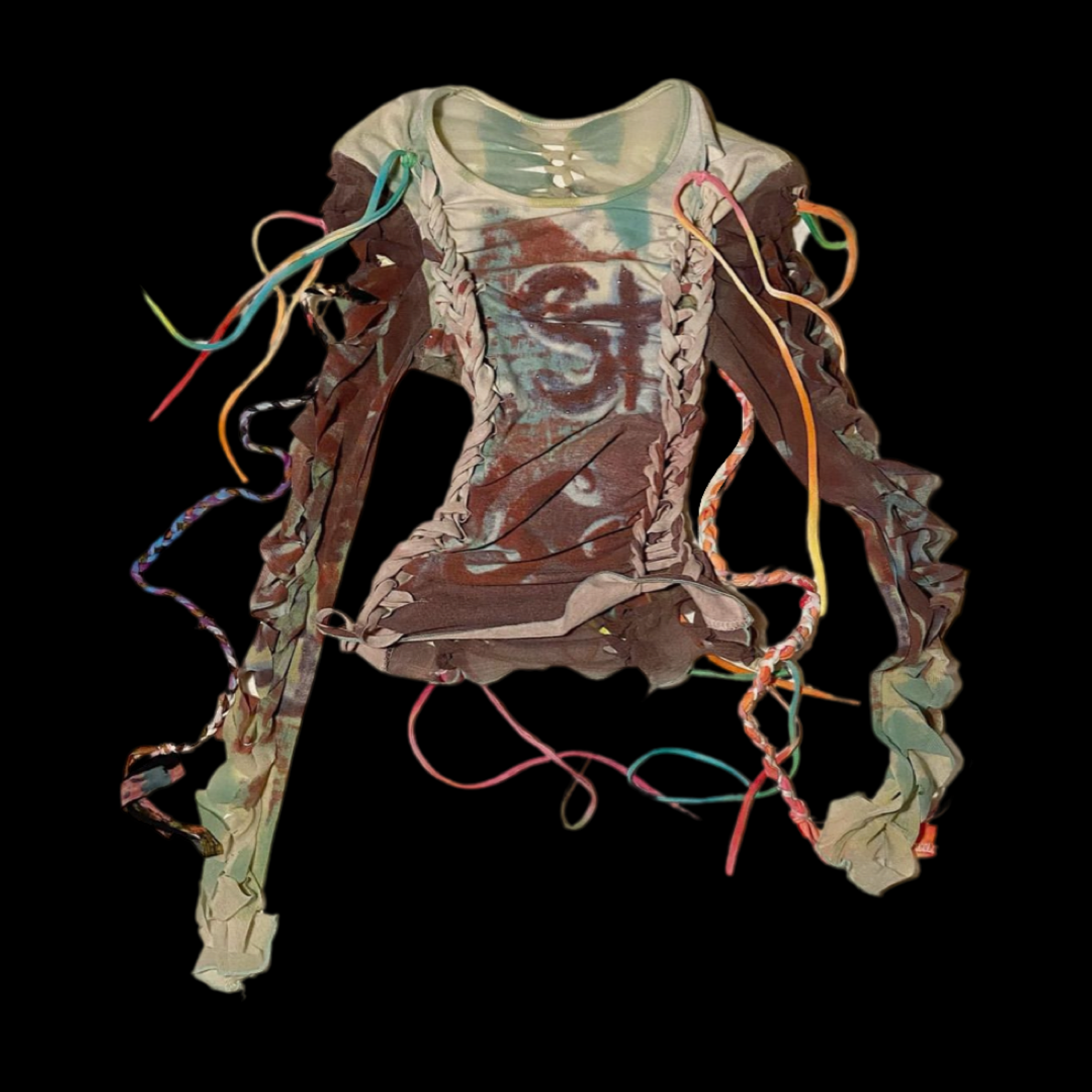 A fashion piece made of a torn and pastel-colored T-shirt with rainbow-colored laces and ruffled fabric strips, displayed against a black background.