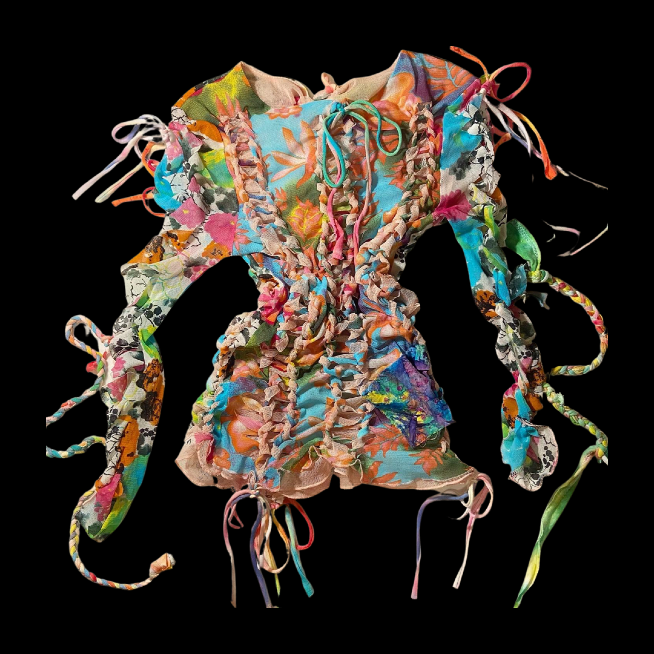 Colorful floral patterned fabric with ruching and tied strings, arranged in a dress shape on a black background.