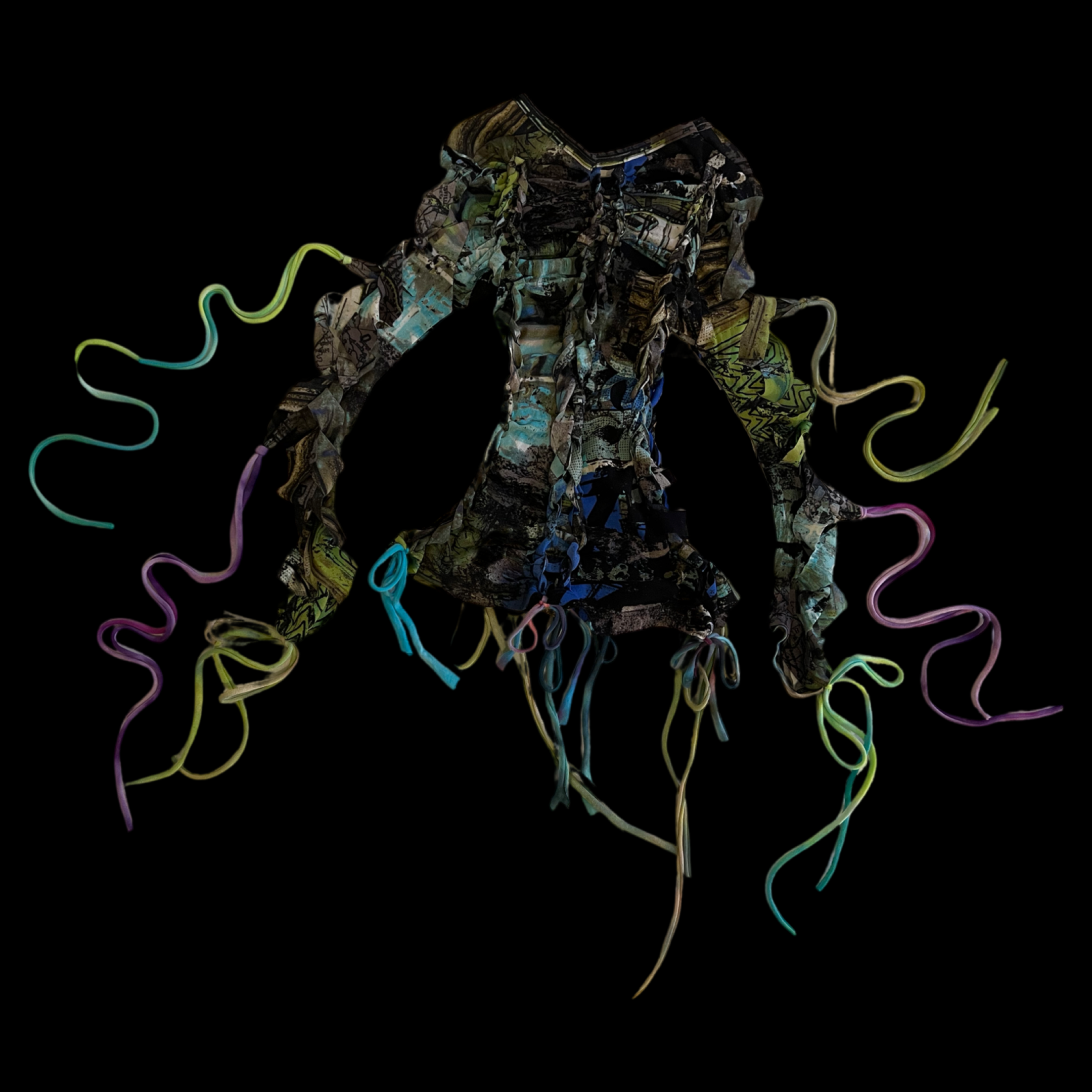 A colorful, abstract sculpture resembling a jacket with long, flowing ribbons extending from it, set against a black background.