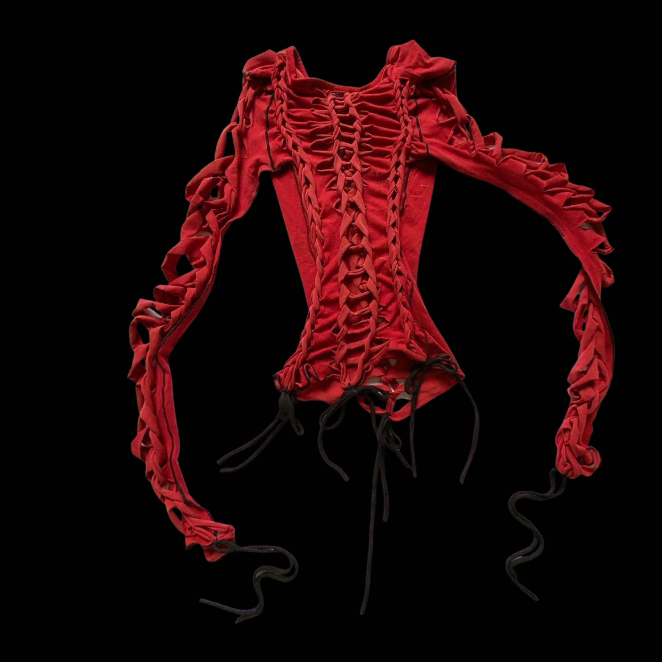 Red lace-up fashion top with ruched design and black ties on black background.