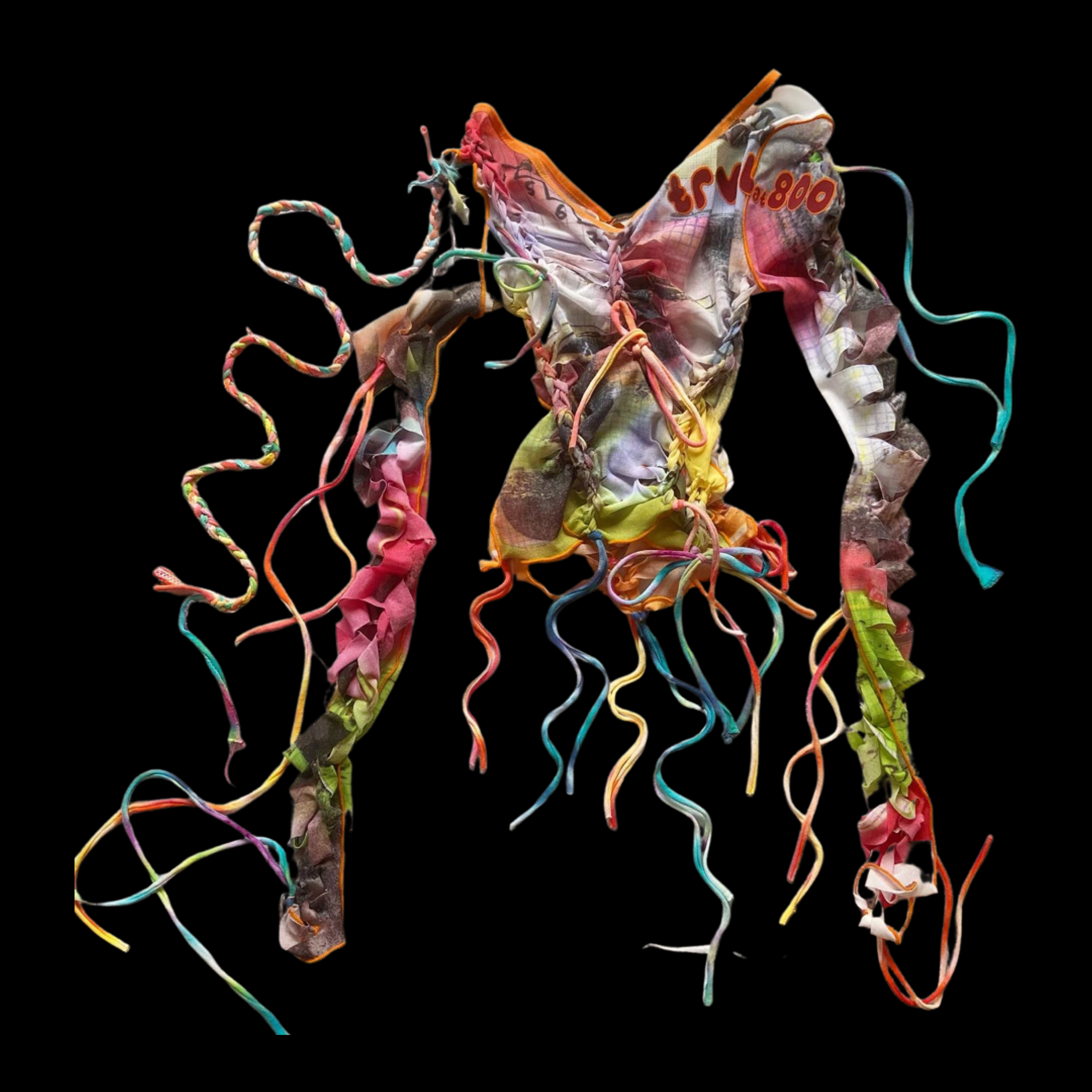A colorful, abstract sculpture resembling a human figure made from twisted and tangled fabric, ribbons, and string against a black background.