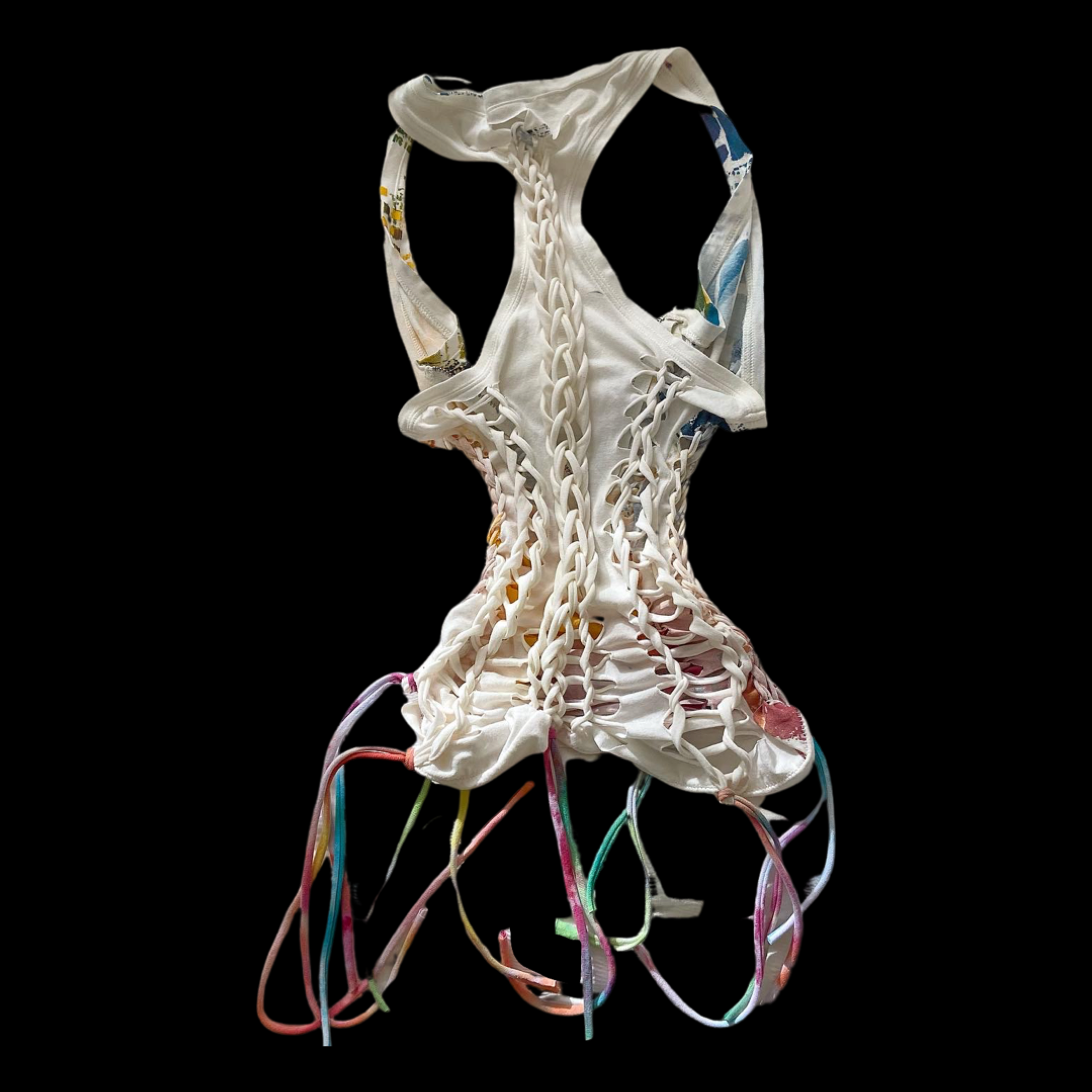 A white, decorative, armless tank top with intricate lattice-style design and colorful fabric strips hanging from the hem, set against a black background.
