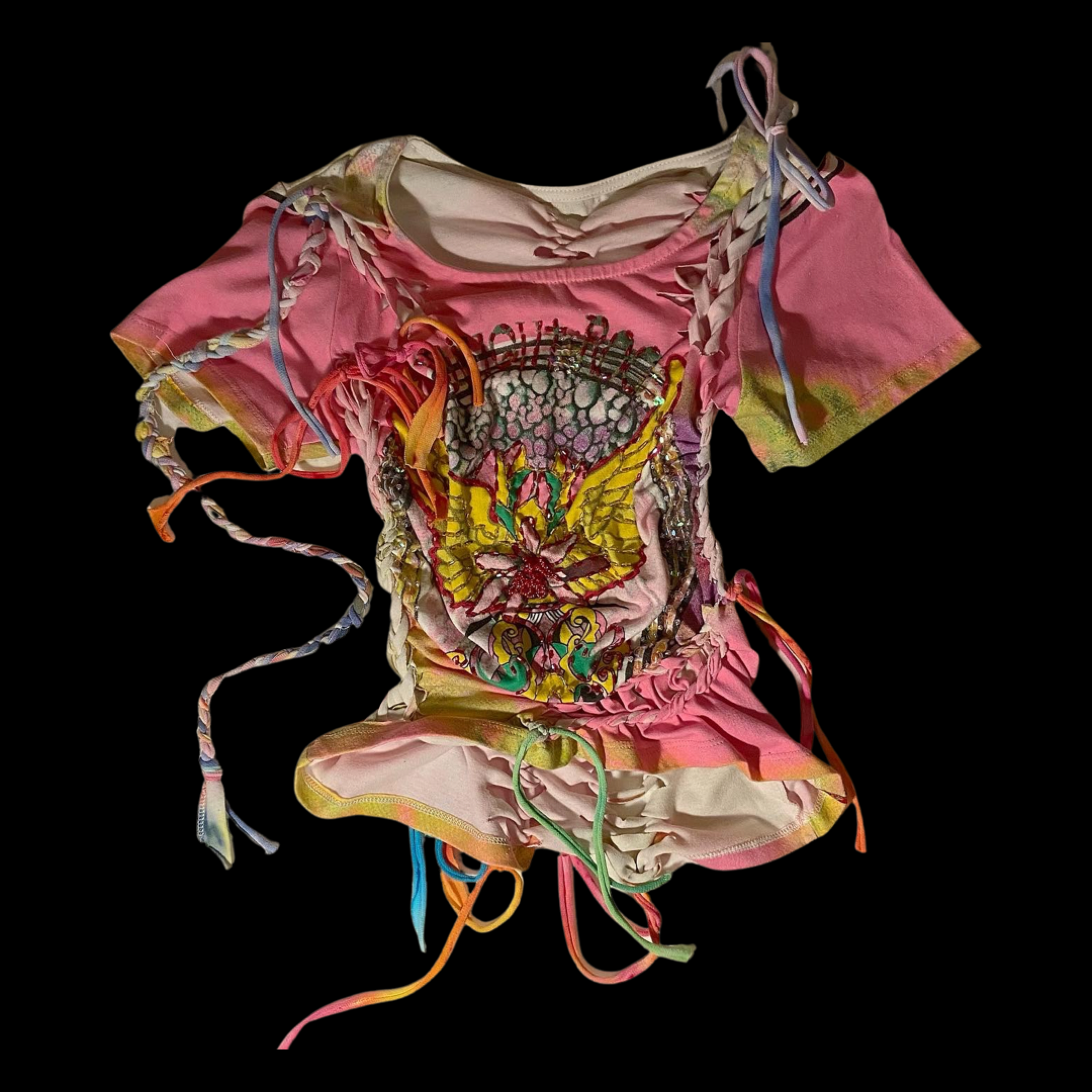 Colorful, distressed T-shirt with a large embroidery of a yellow butterfly and floral designs on the front, with frayed edges and ruffled details, displayed on a black background.