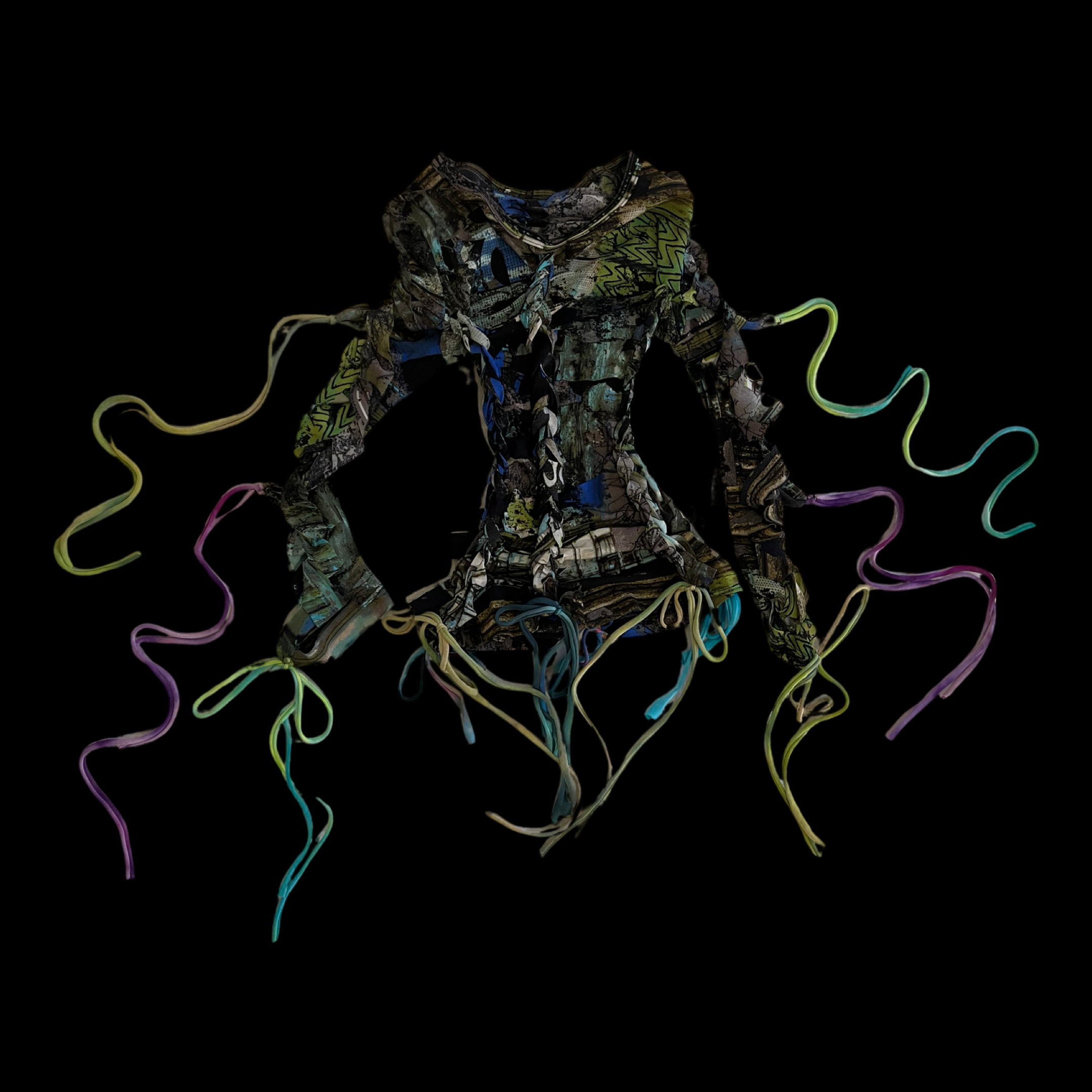 An abstract sculpture made of torn, layered paper with colorful paper strips extending outward, set against a black background.