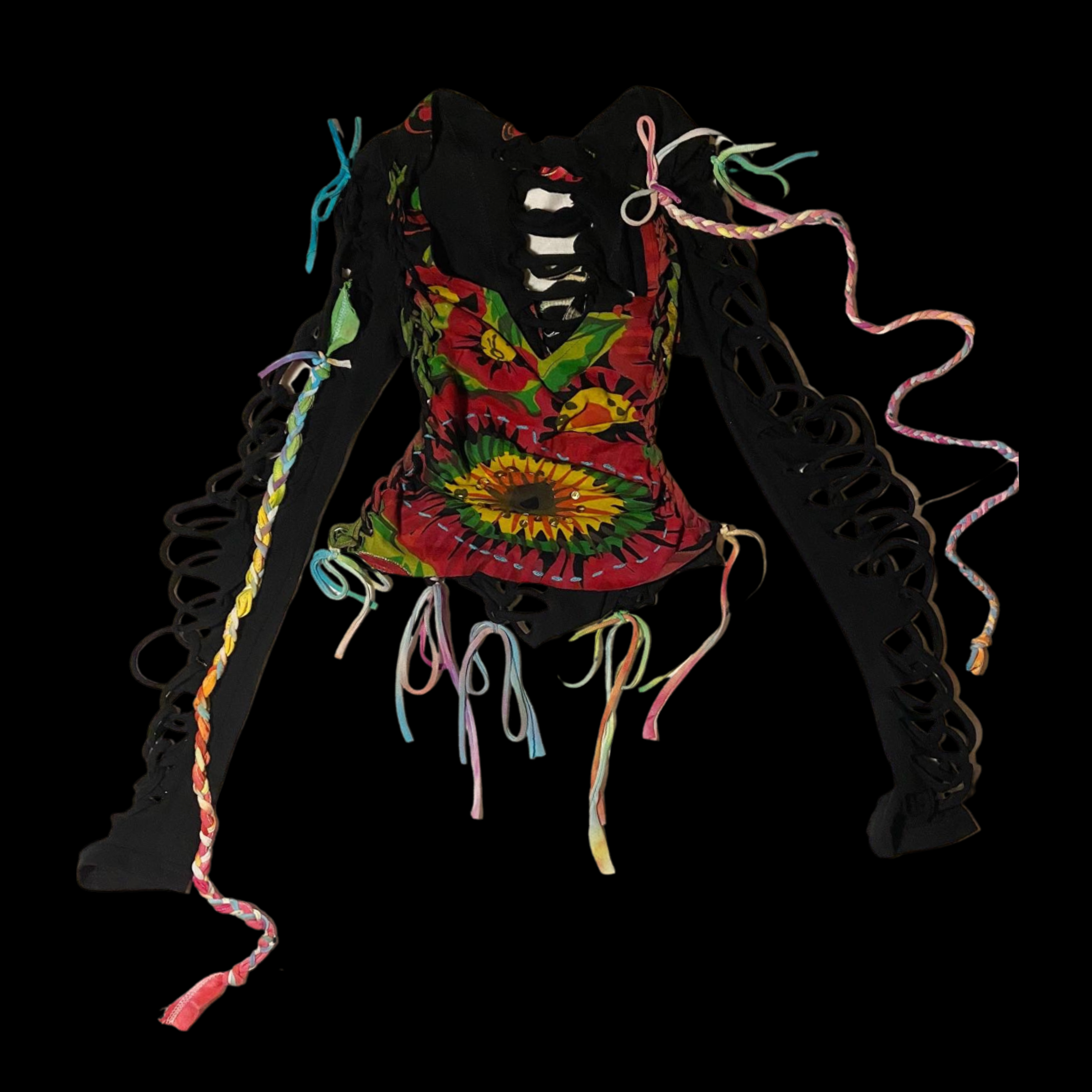 A colorful corset-style top with a floral pattern, surrounded by black lace-up accessories and multicolored braided ribbons on a black background.