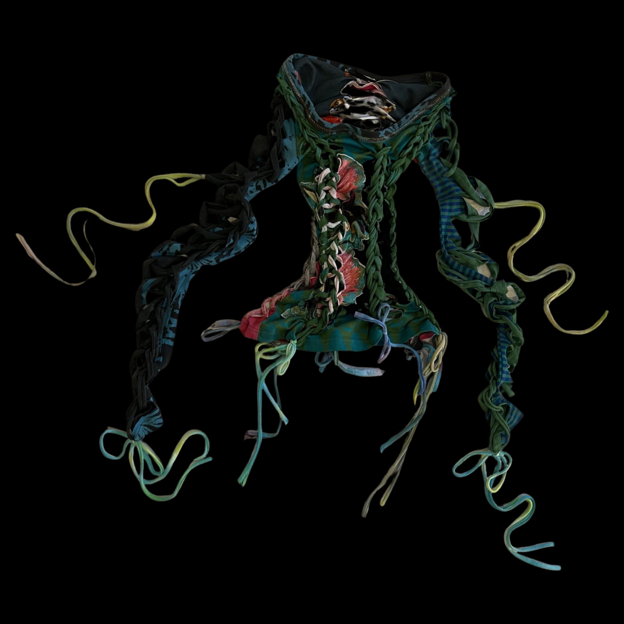 Colorful fabric and ribbon strips arranged in a hanging sculpture against a black background.