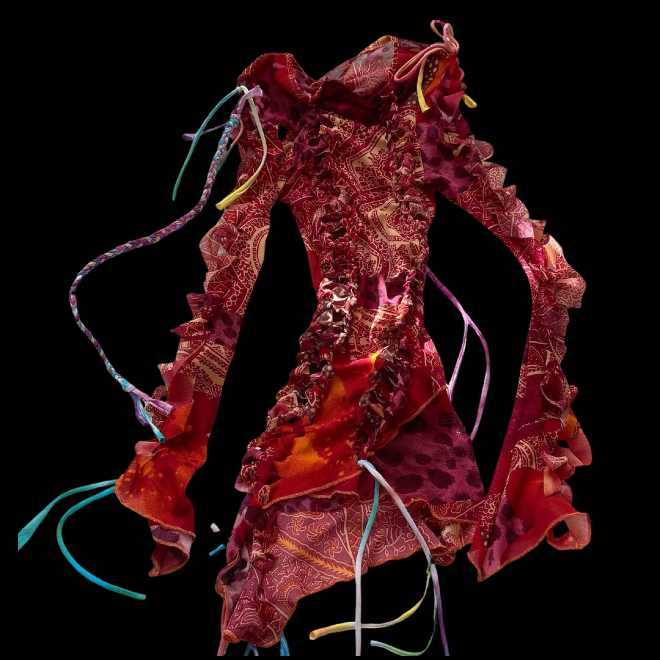 A red fabric dress with ruffles and multicolored ribbons against a black background.