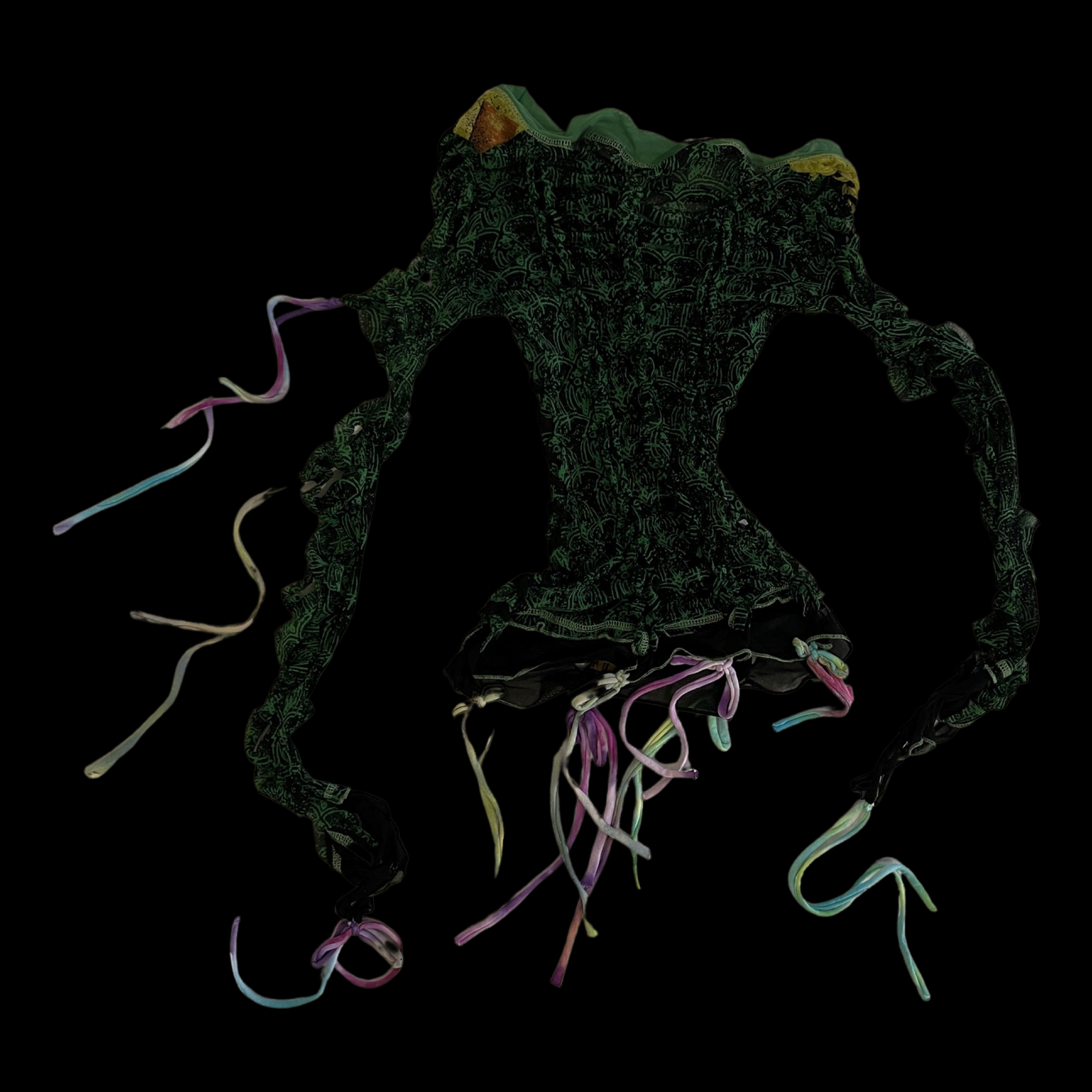 Colorful women's lace-up top with long, multicolored ribbon ties, set against a black background.