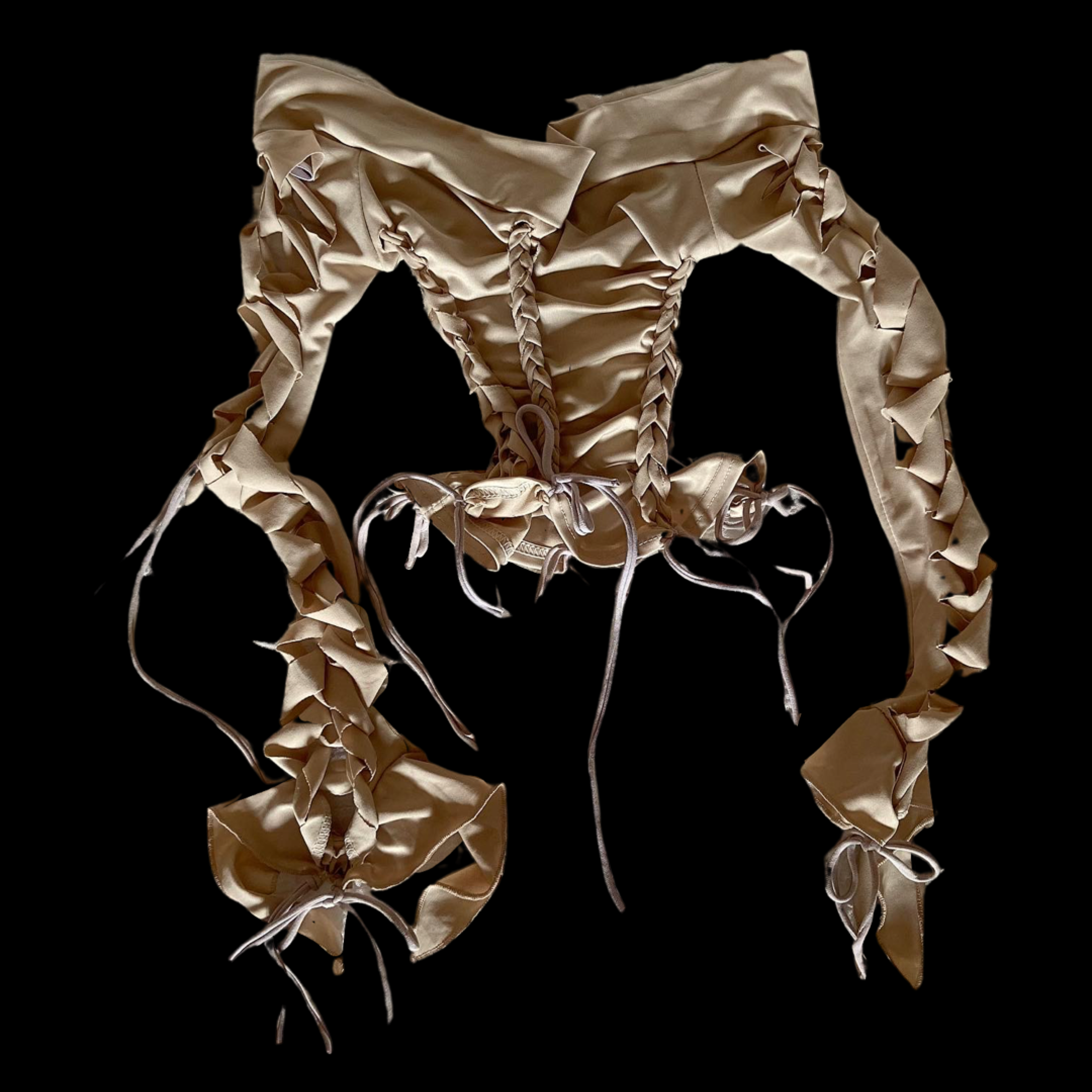 A beige satin corset with ruffled and laced details, featuring long, ruffled sleeves, and a front tie closure, set against a black background.