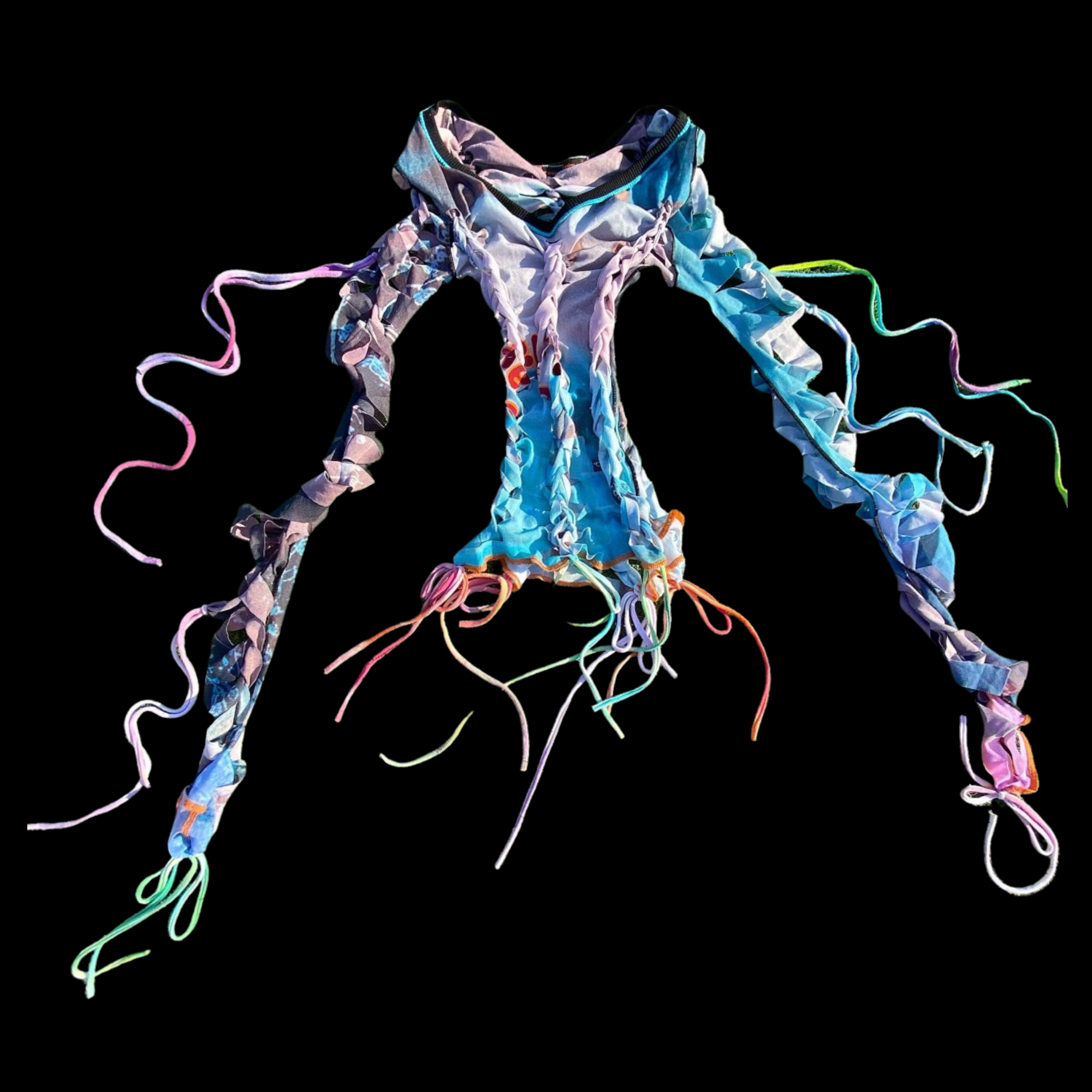 Colorful, twisted fabric strips arranged in a hoodie shape against a black background.