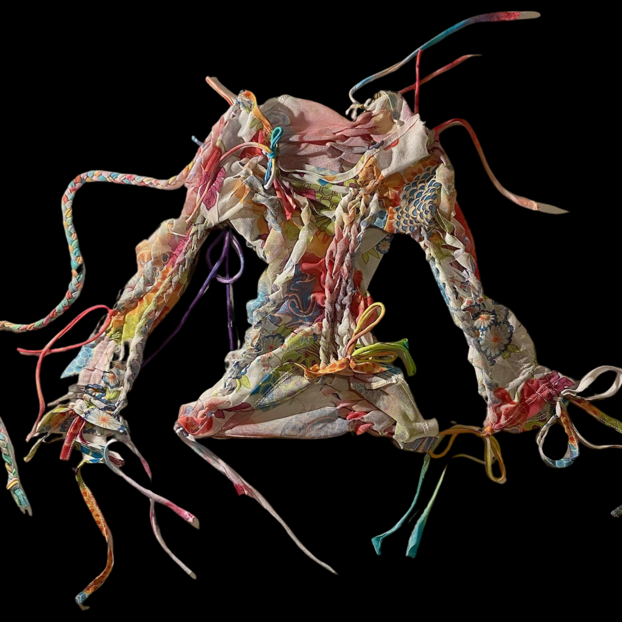 Colorful fabric scrap in a twisted, tangled pile with ribbons and threads on a black background.