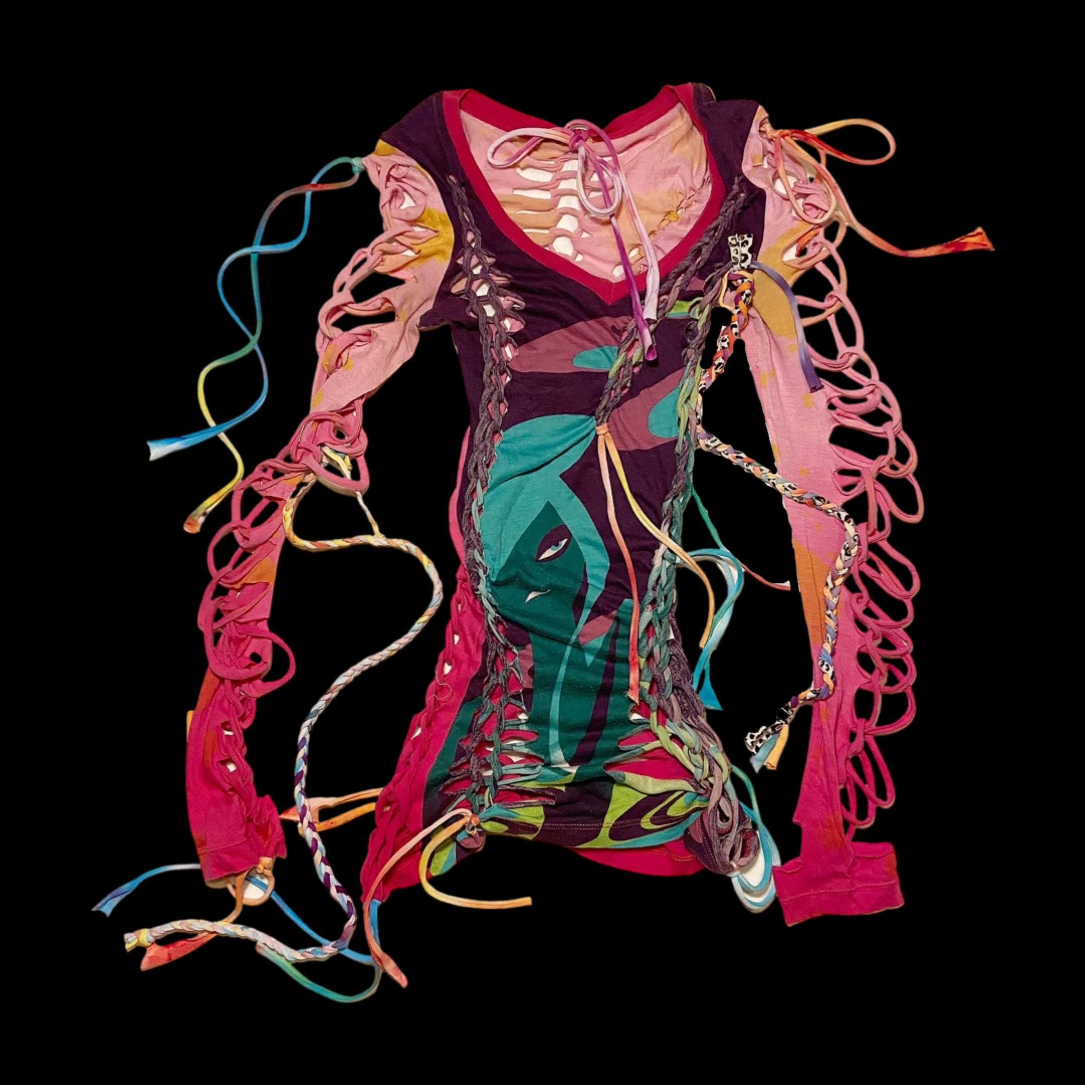 Colorful, distorted t-shirt with laced-up sleeves and a graphic of a woman's face on the front, displayed against a black background.