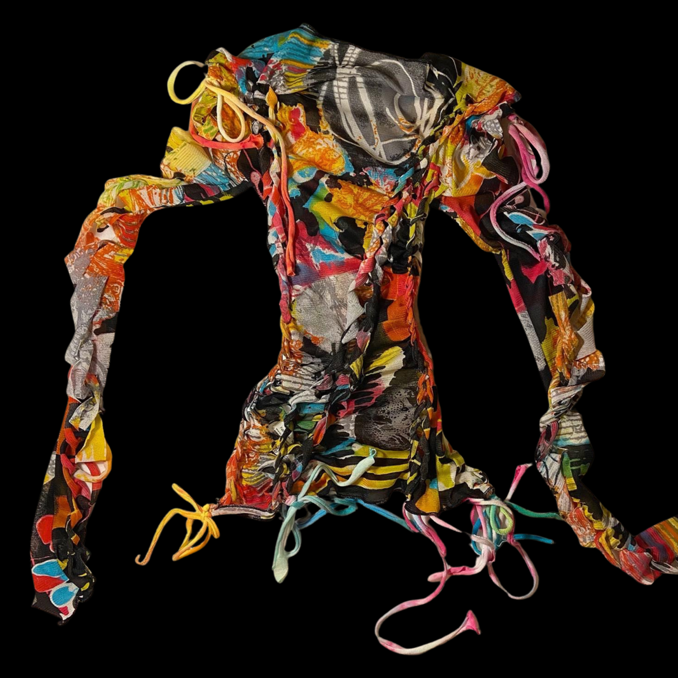 A colorful, patterned fabric item with multiple ties and loops on a black background.