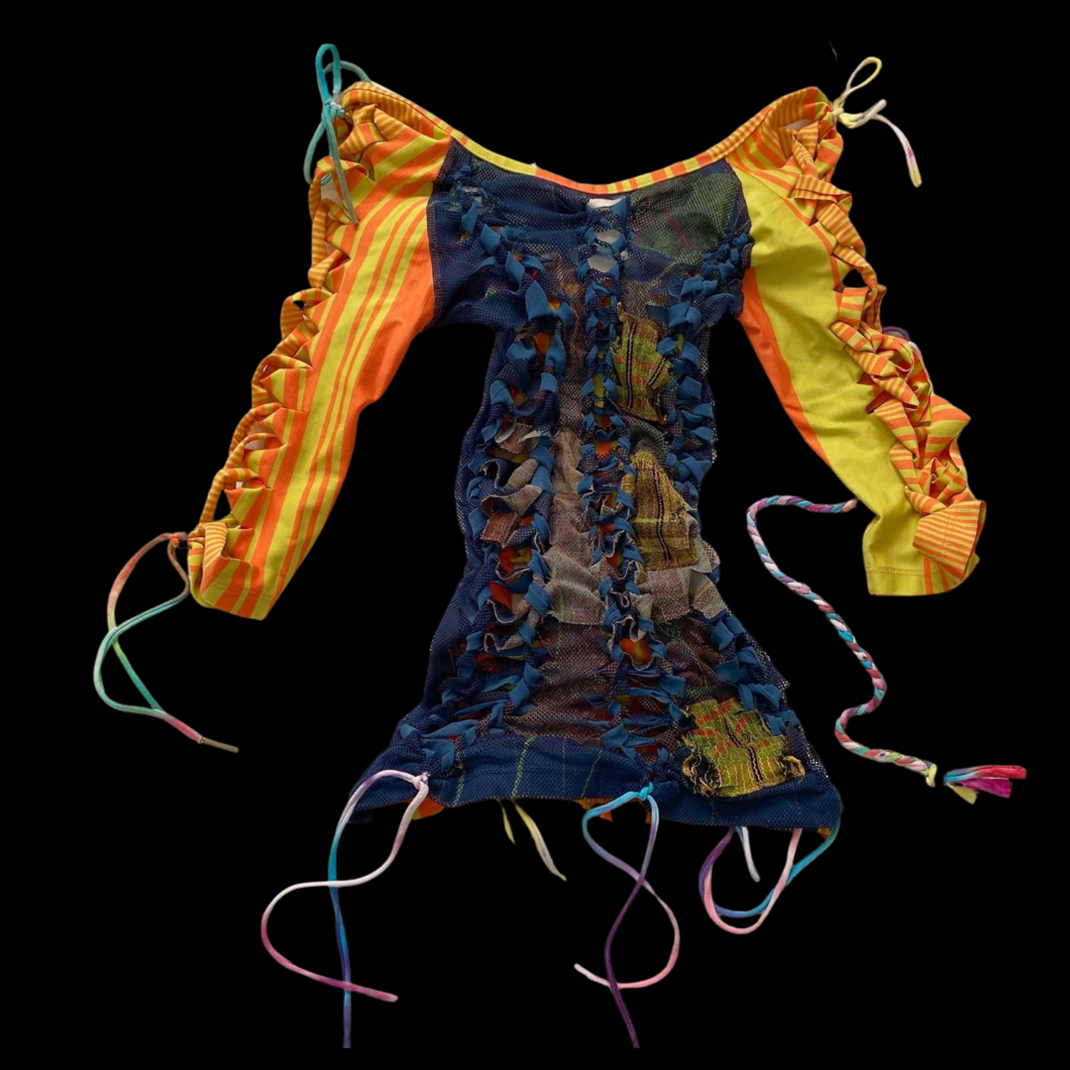 Colorful, patchwork dress with ruched, ruffled sleeves and various fabric patterns, displayed on a black background.